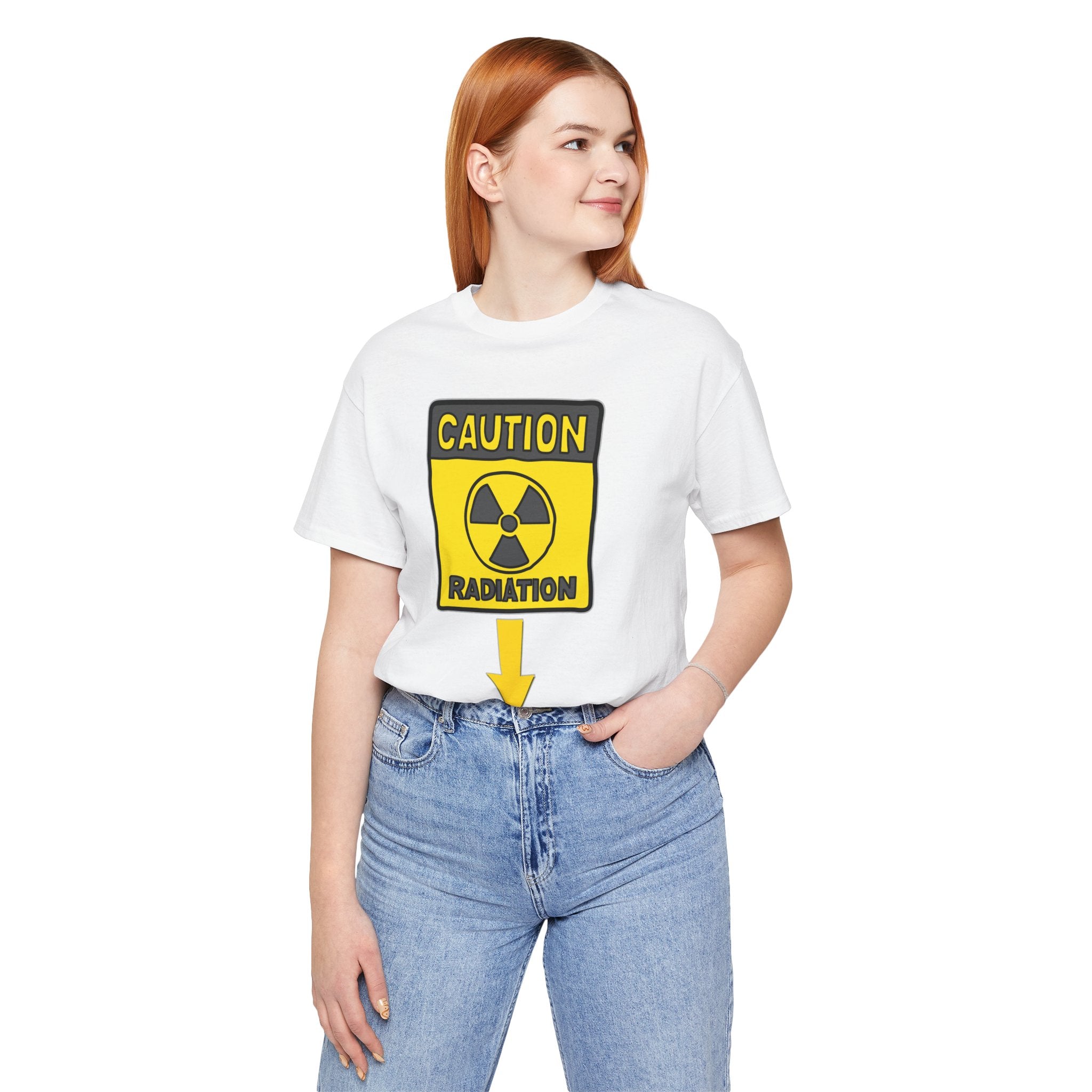 Person wearing a white t-shirt with a radiation warning sign graphic on a white background