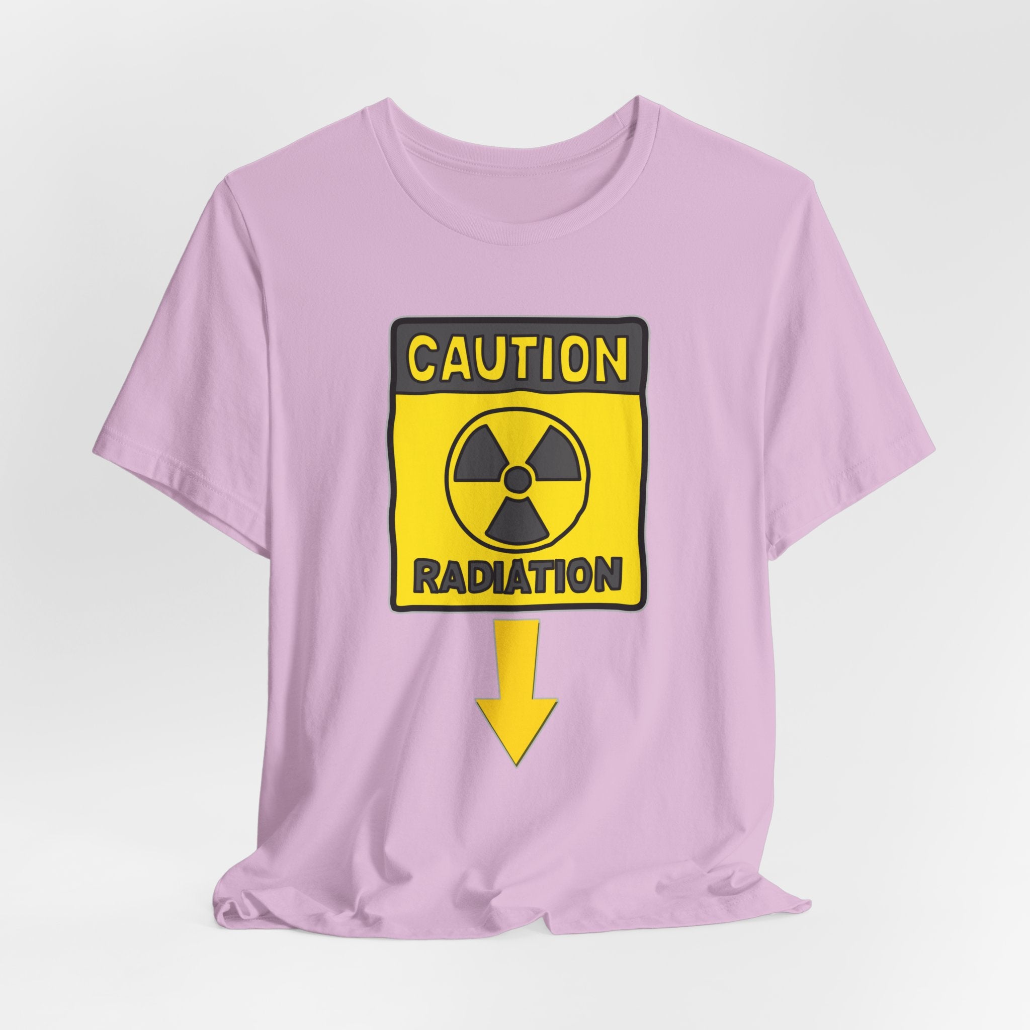 Lilac purple t-shirt with a radiation warning sign graphic on a light gray background