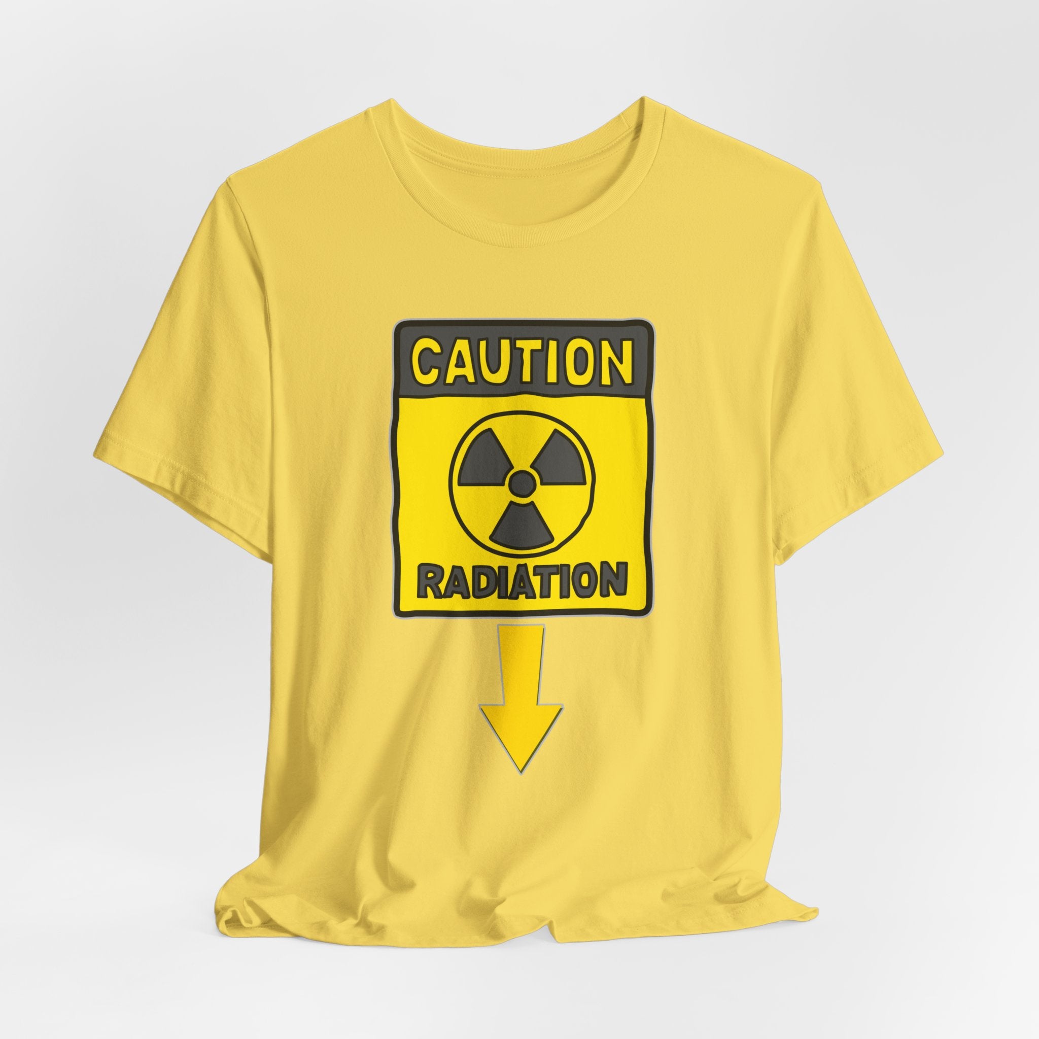 Maze yellow t-shirt with a radiation warning sign on a light gray background