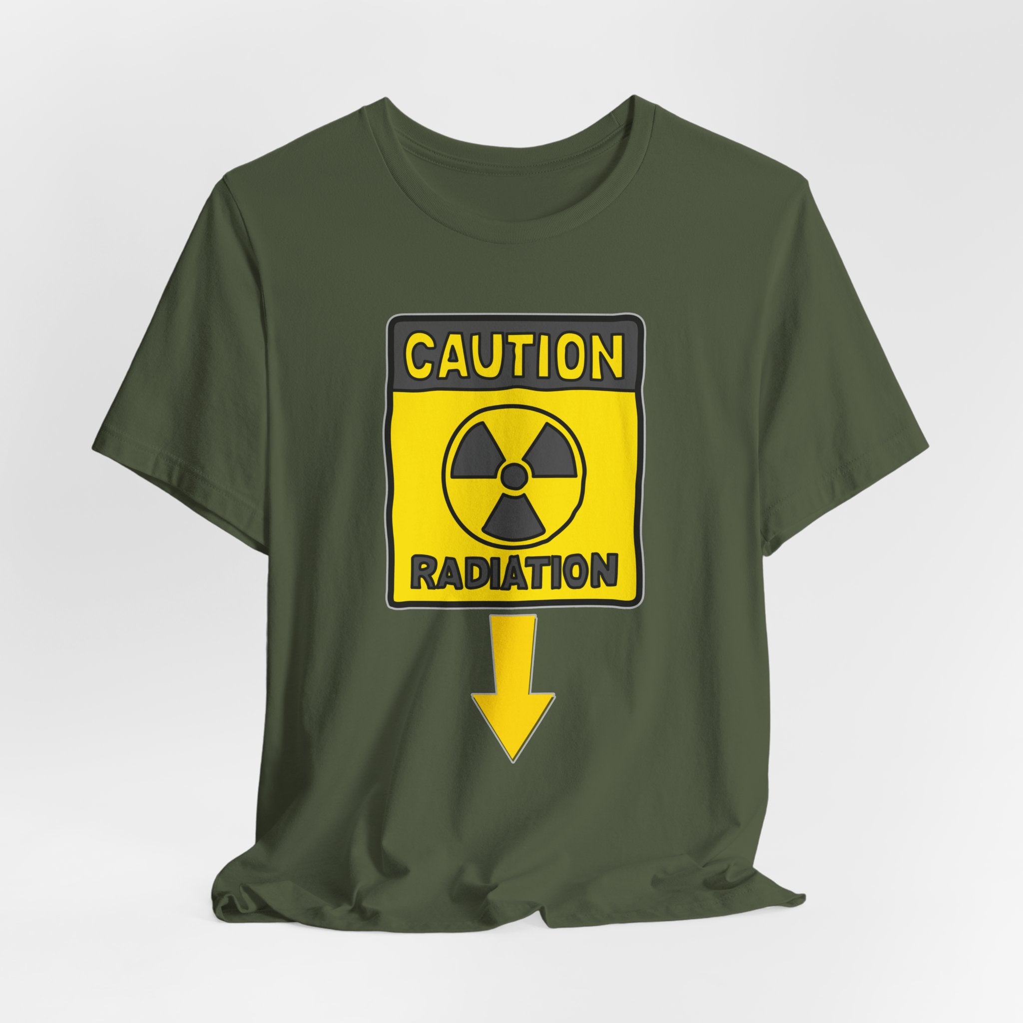 Military green t-shirt with a 'Caution Radiation' sign on a white background