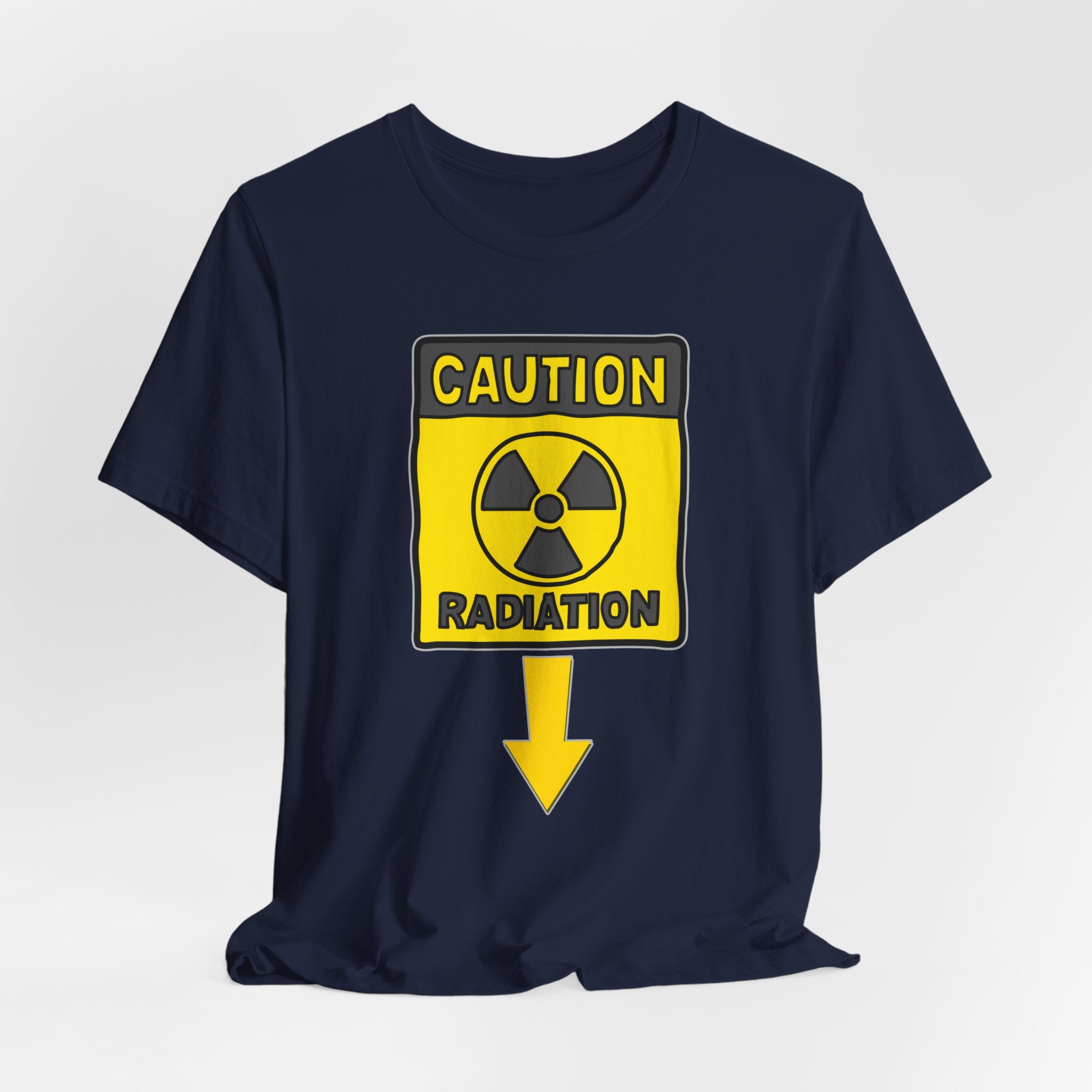 Navy blue t-shirt with a yellow radiation warning sign on a light gray background