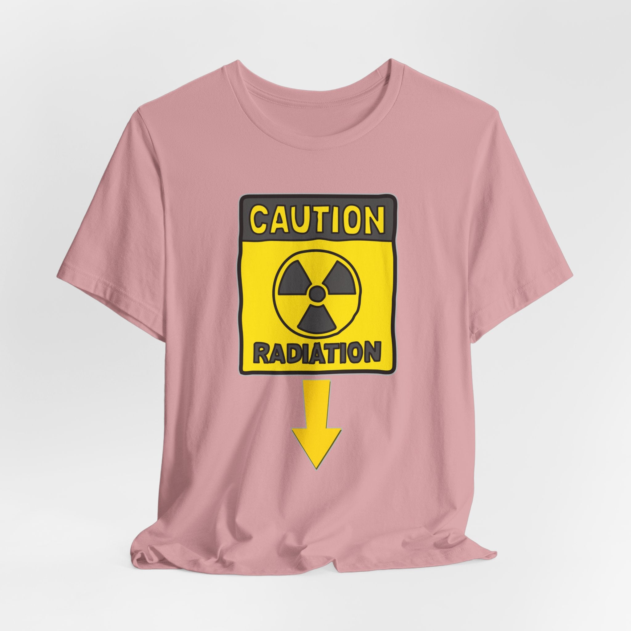 Orchid pink t-shirt with a radiation warning sign on a light gray background