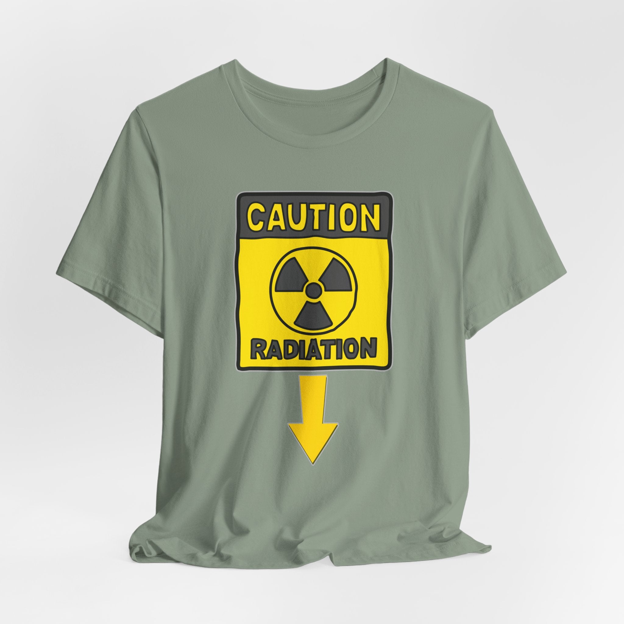 Sage green t-shirt with a radiation warning sign on a light gray background