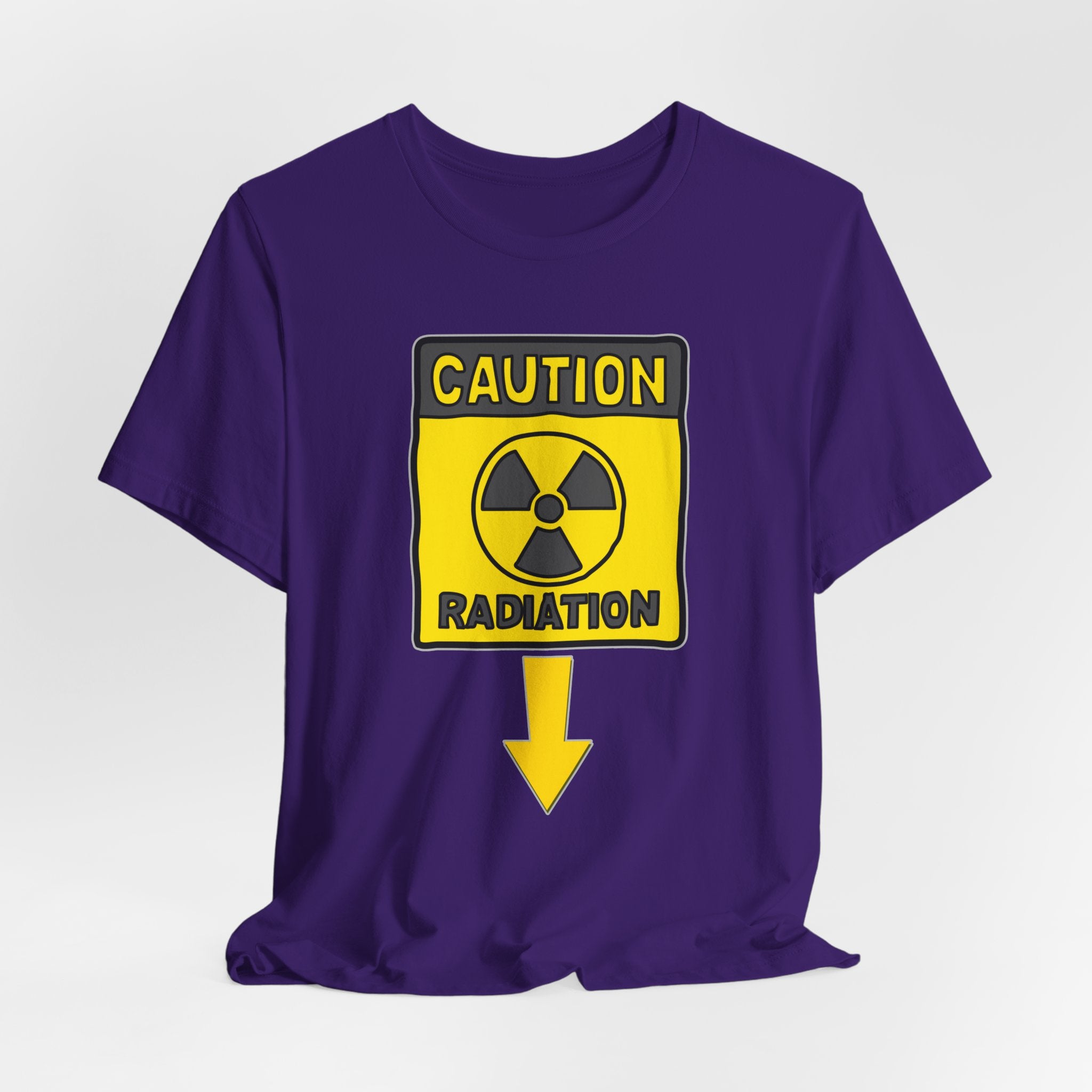 Purple t-shirt with a radiation warning sign on a white background
