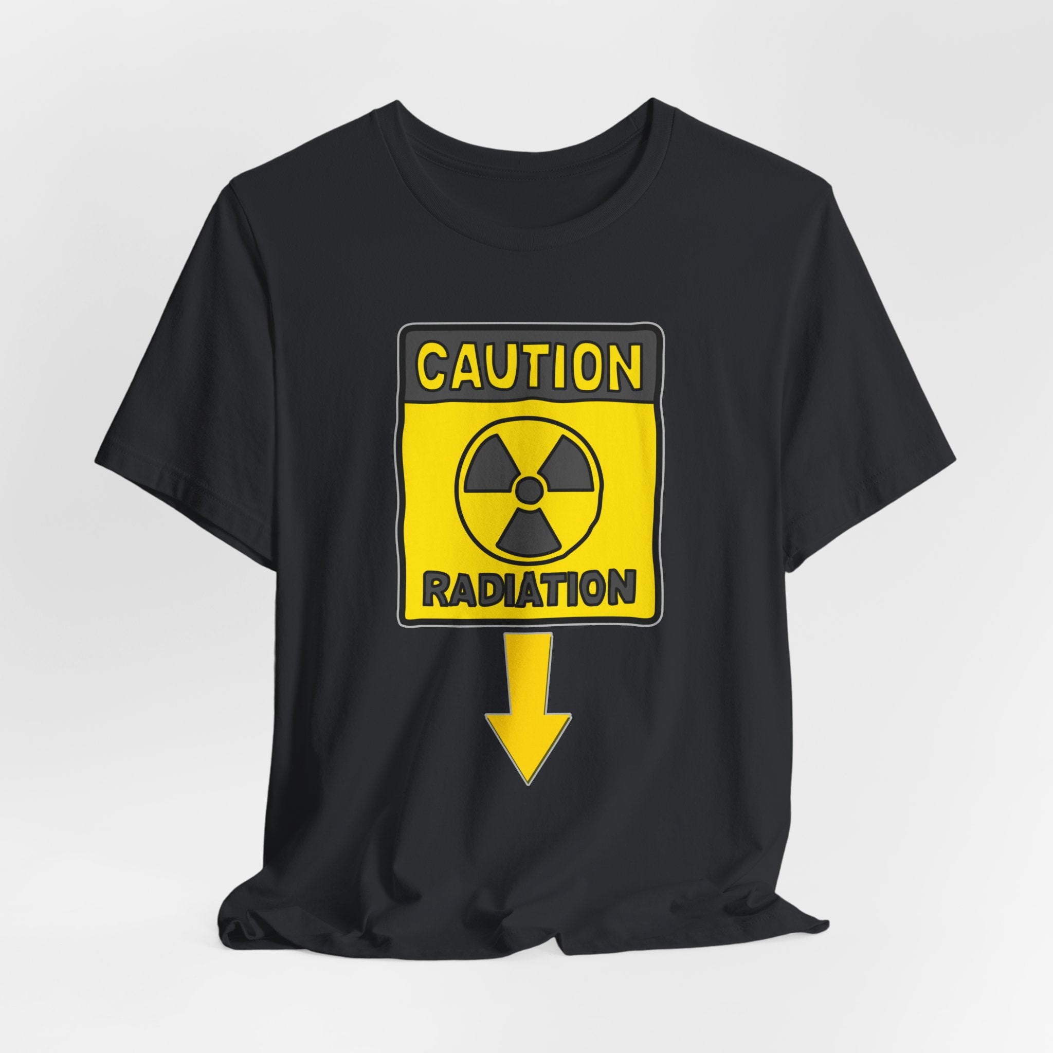 Vintage black t-shirt with a yellow radiation warning sign on a white background