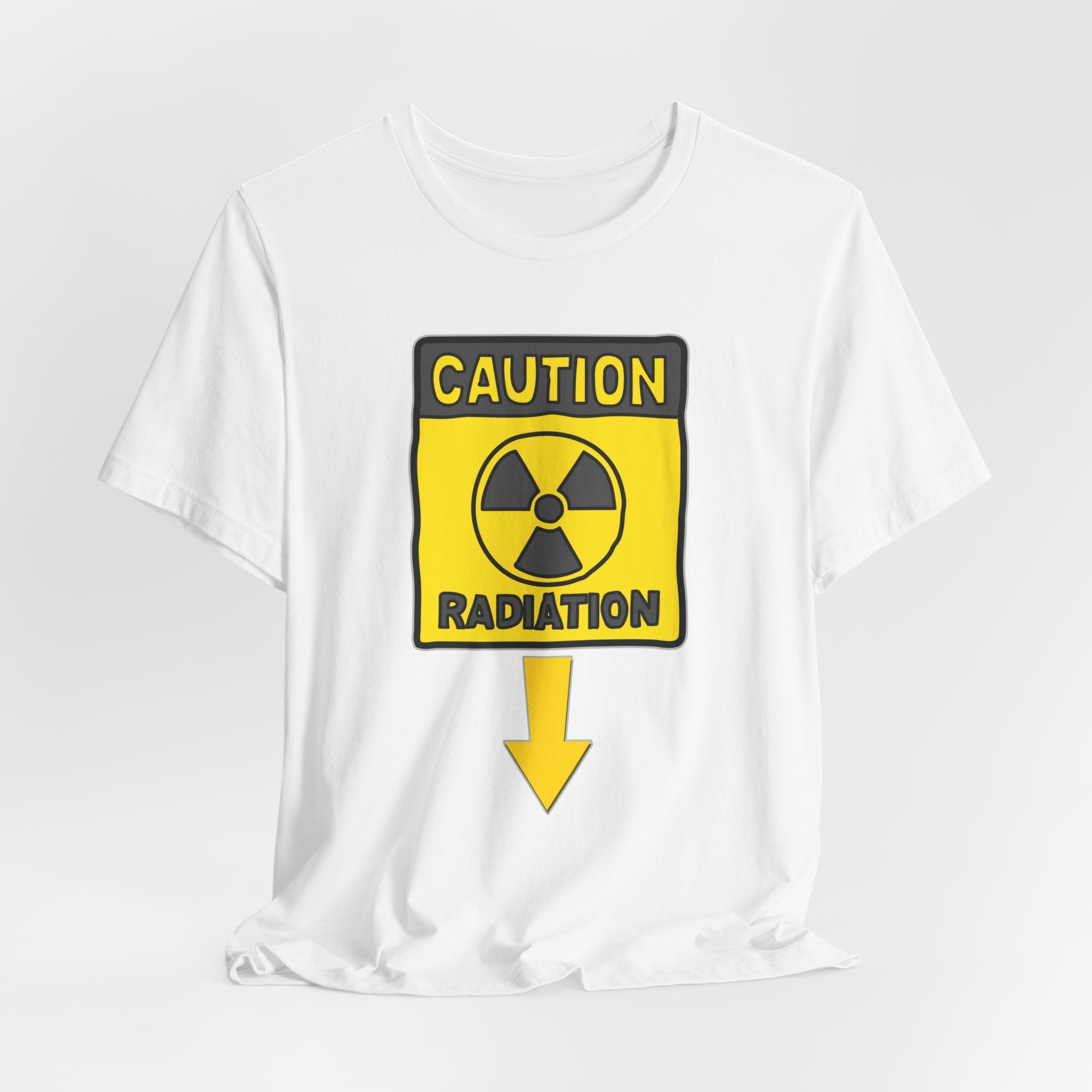 White t-shirt with a radiation warning sign graphic on a white background