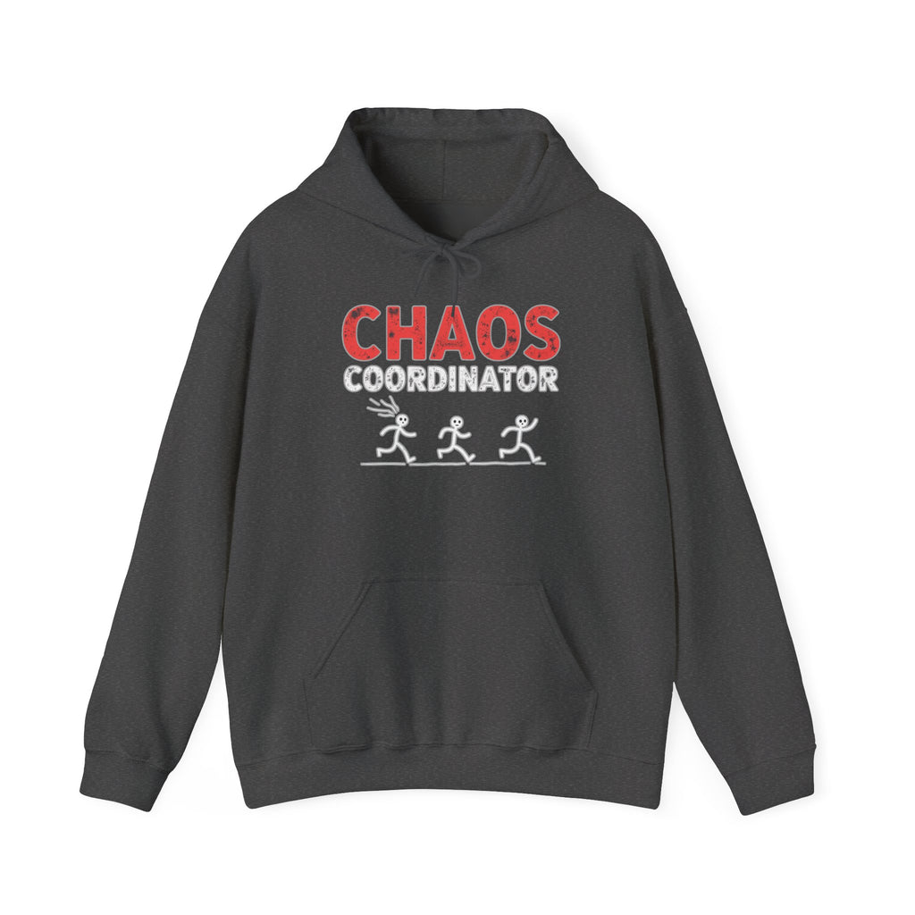 Gray hoodie with 'Chaos Coordinator' text and graphics on a white background
