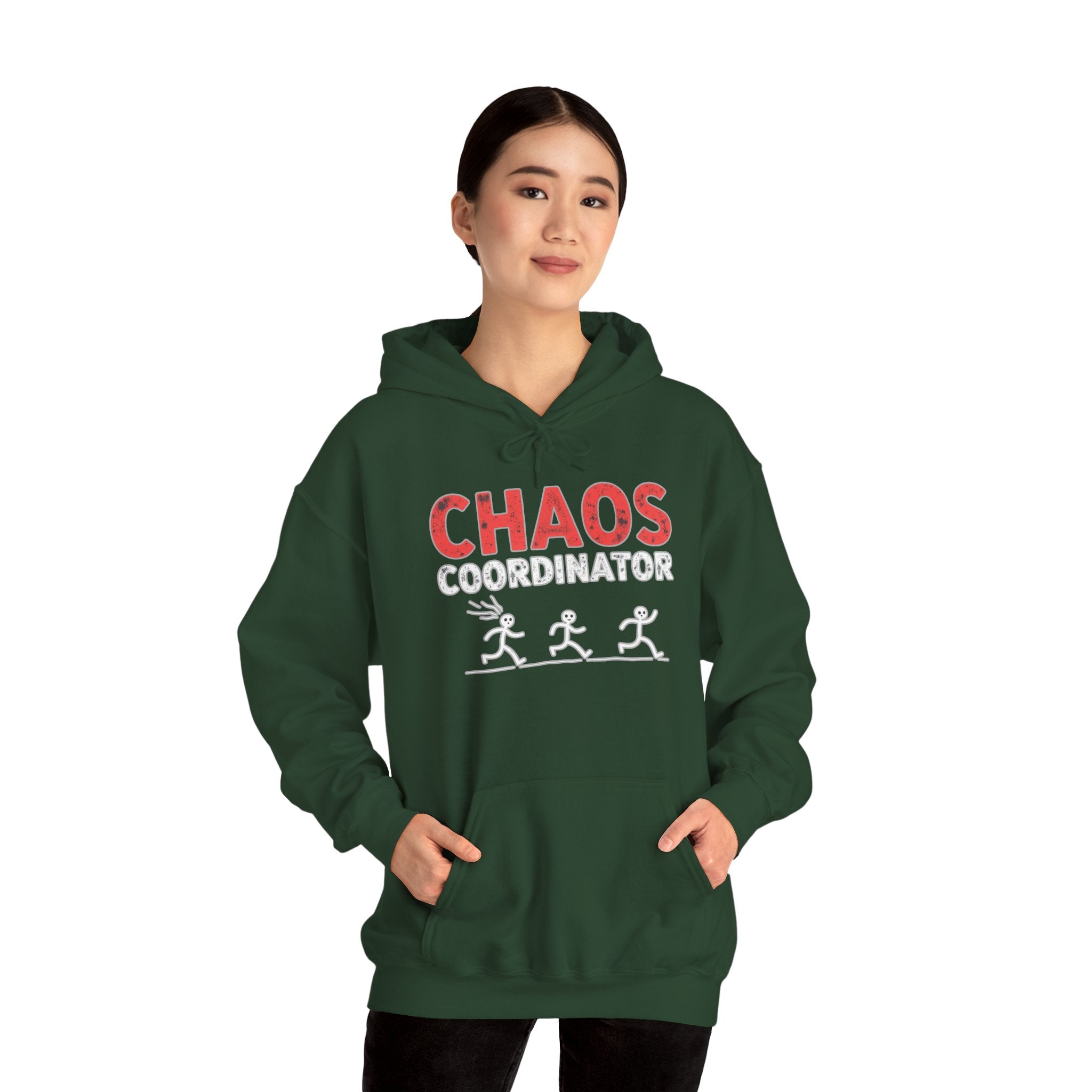 Person wearing a green hoodie with 'CHAOS COORDINATOR' text and graphic on a white background