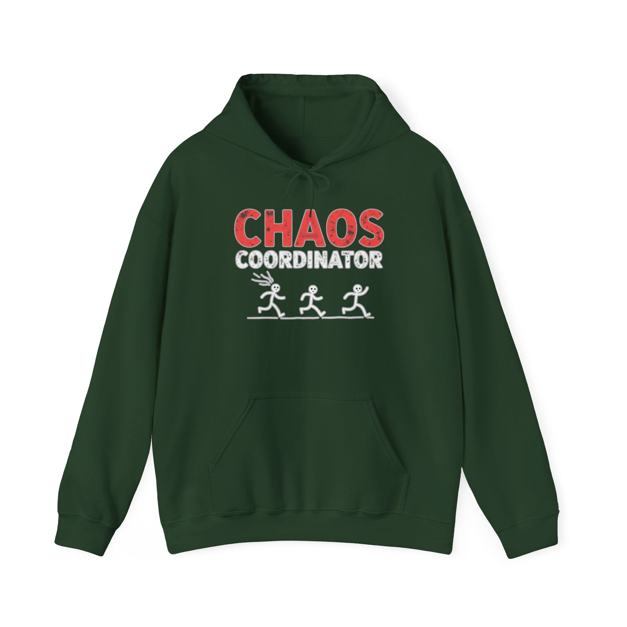 Forest green hoodie with 'Chaos Coordinator' text and graphics on a white background