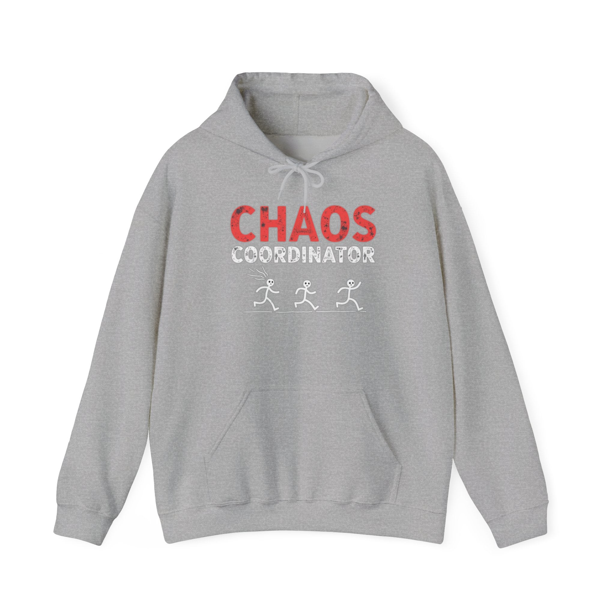 Gray hoodie with 'CHAOS COORDINATOR' text on a white background