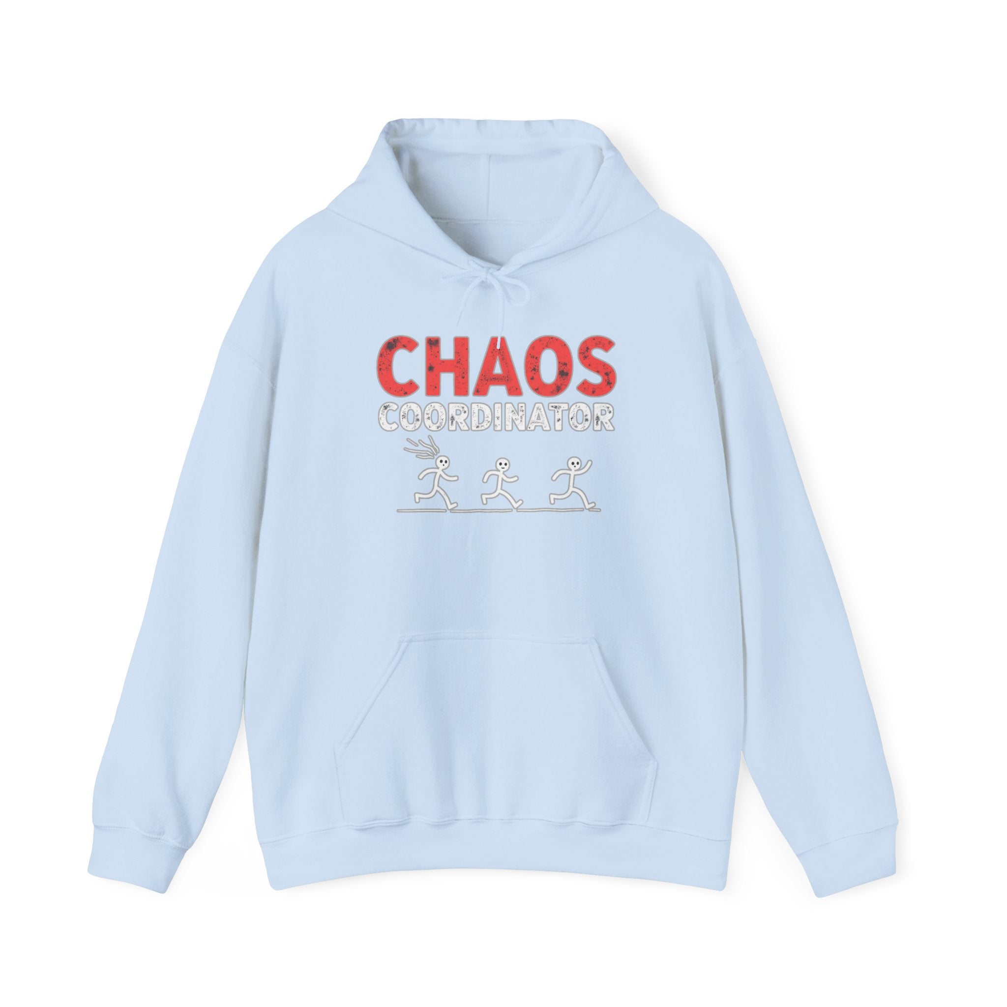 Light blue hoodie with 'CHAOS COORDINATOR' text and graphics on a white background