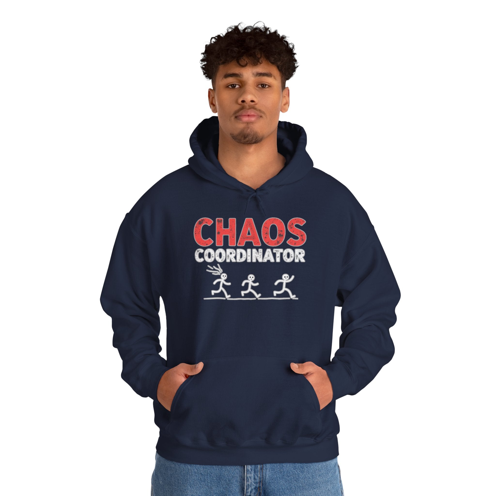Person wearing a navy hoodie with 'CHAOS COORDINATOR' text and graphics on a white background