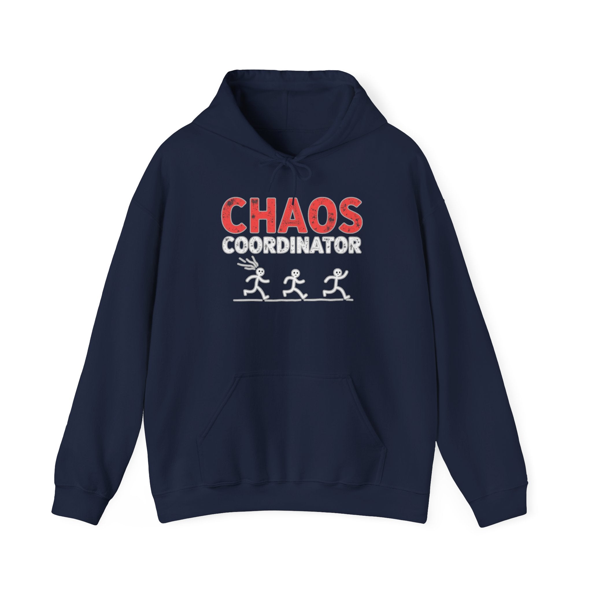Navy blue hoodie with 'CHAOS COORDINATOR' text and graphics on a white background