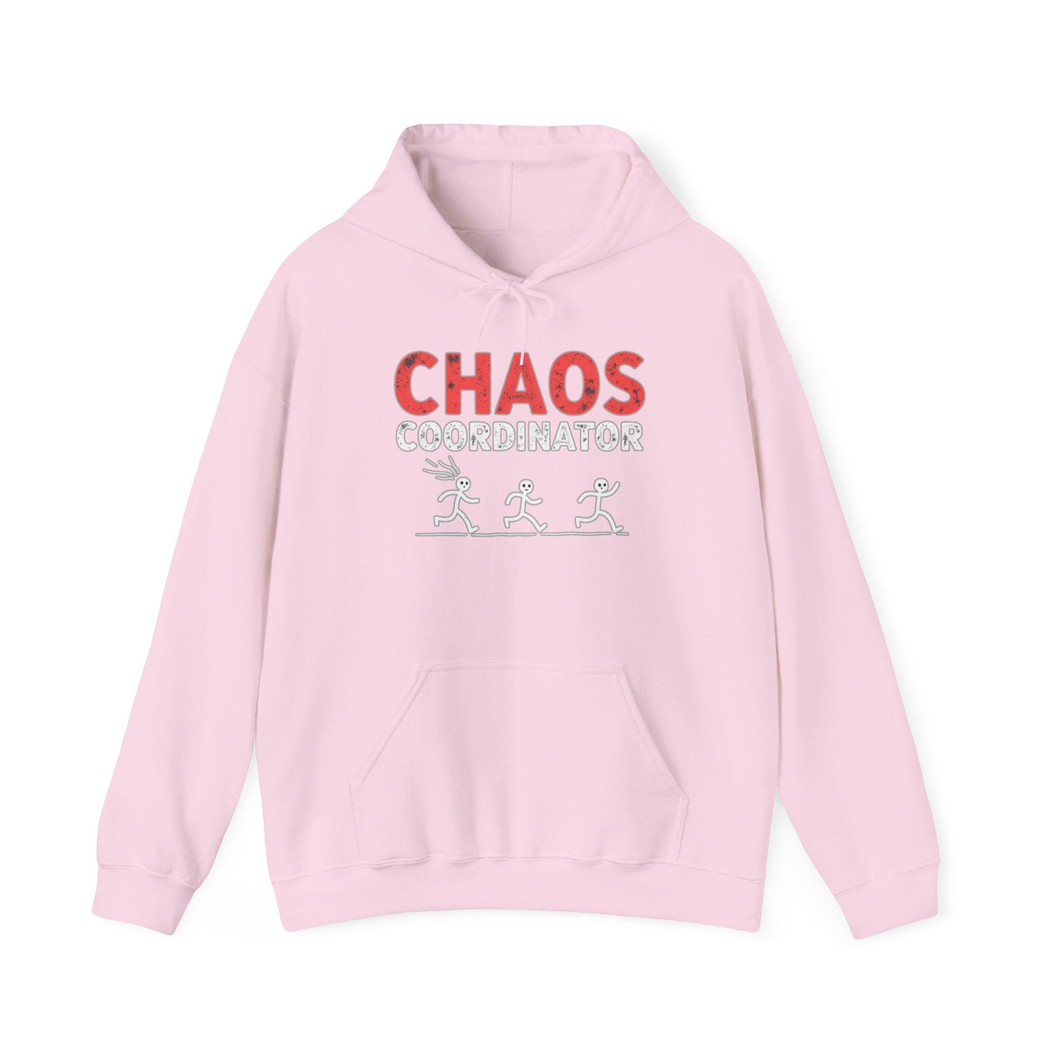 Pink hoodie with 'CHAOS COORDINATOR' text on a white background