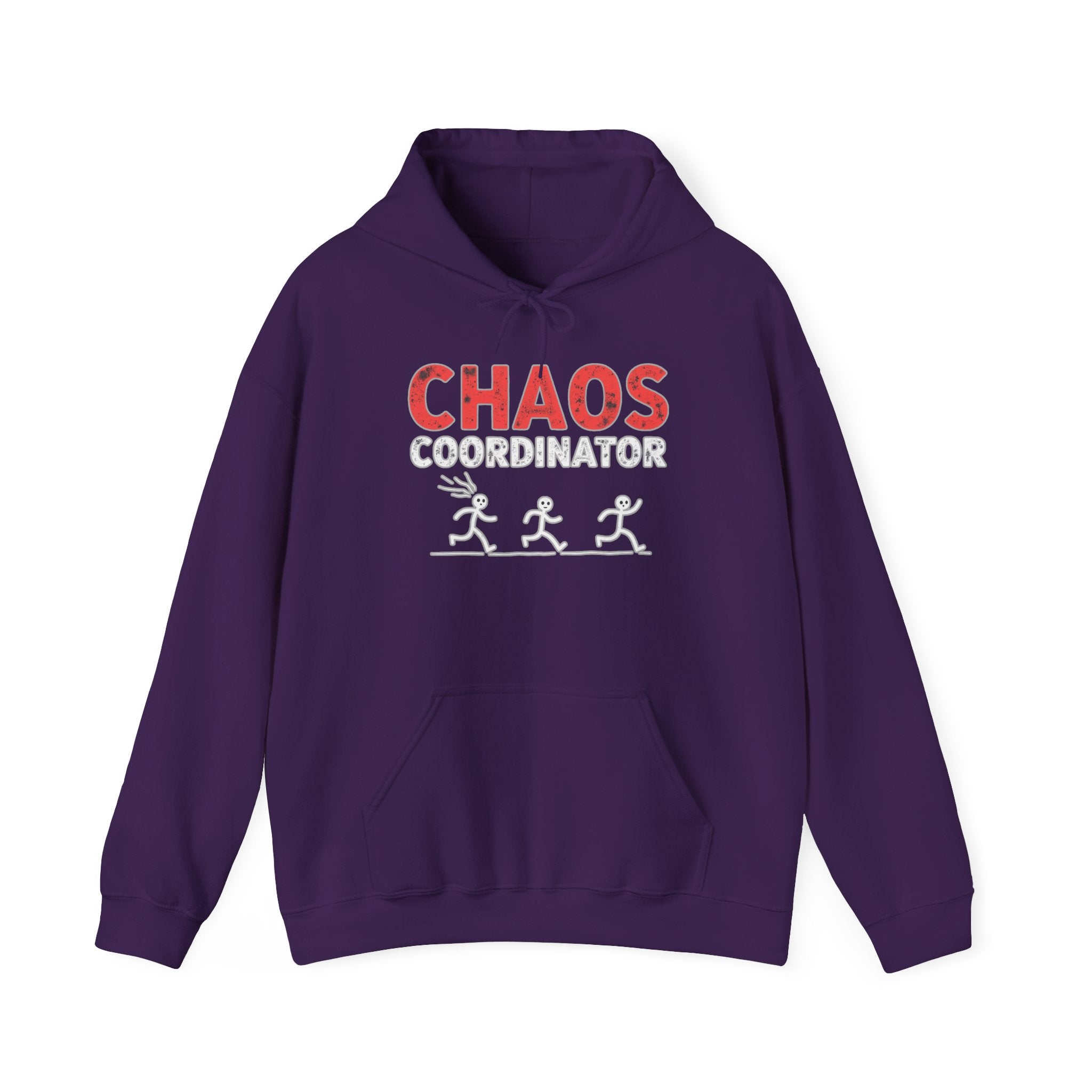 Purple hoodie with 'Chaos Coordinator' text and graphics on a white background