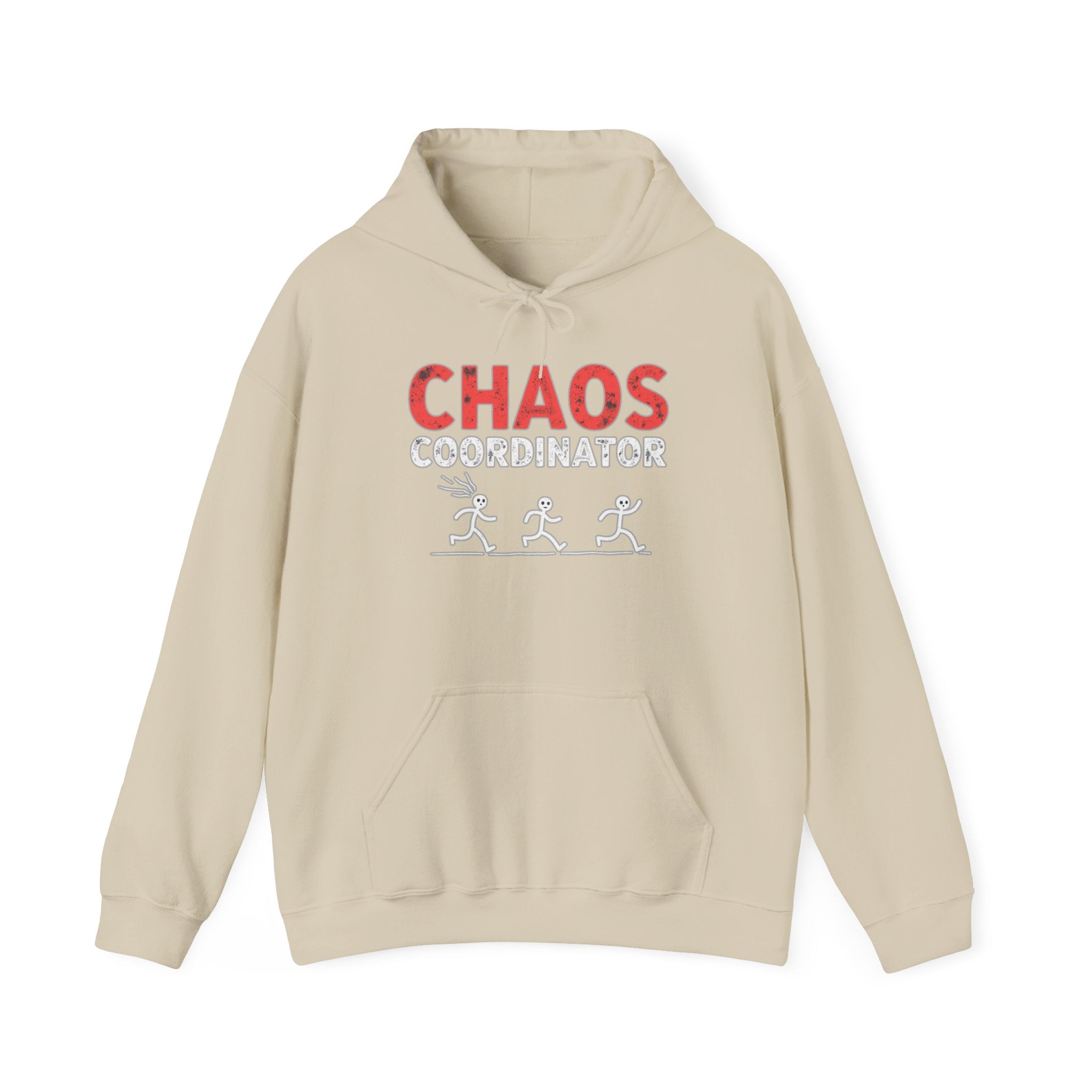 Beige hoodie with 'CHAOS COORDINATOR' text and graphics on a white background