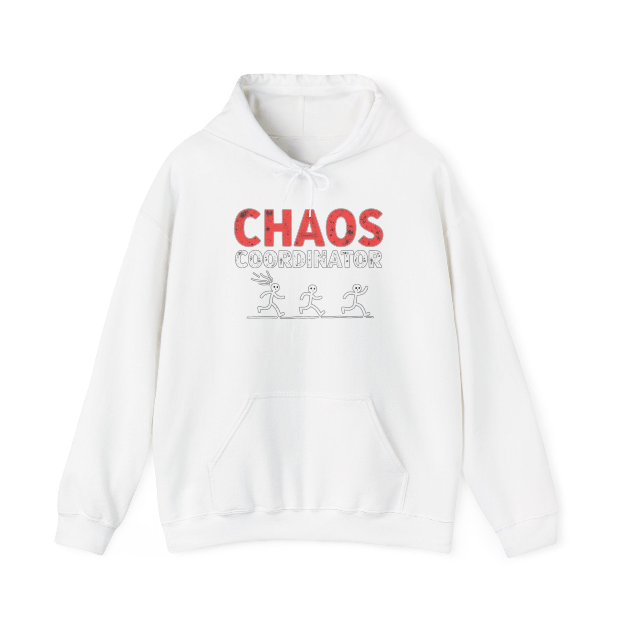 White hoodie with 'CHAOS COORDINATOR' text and graphics on a white background