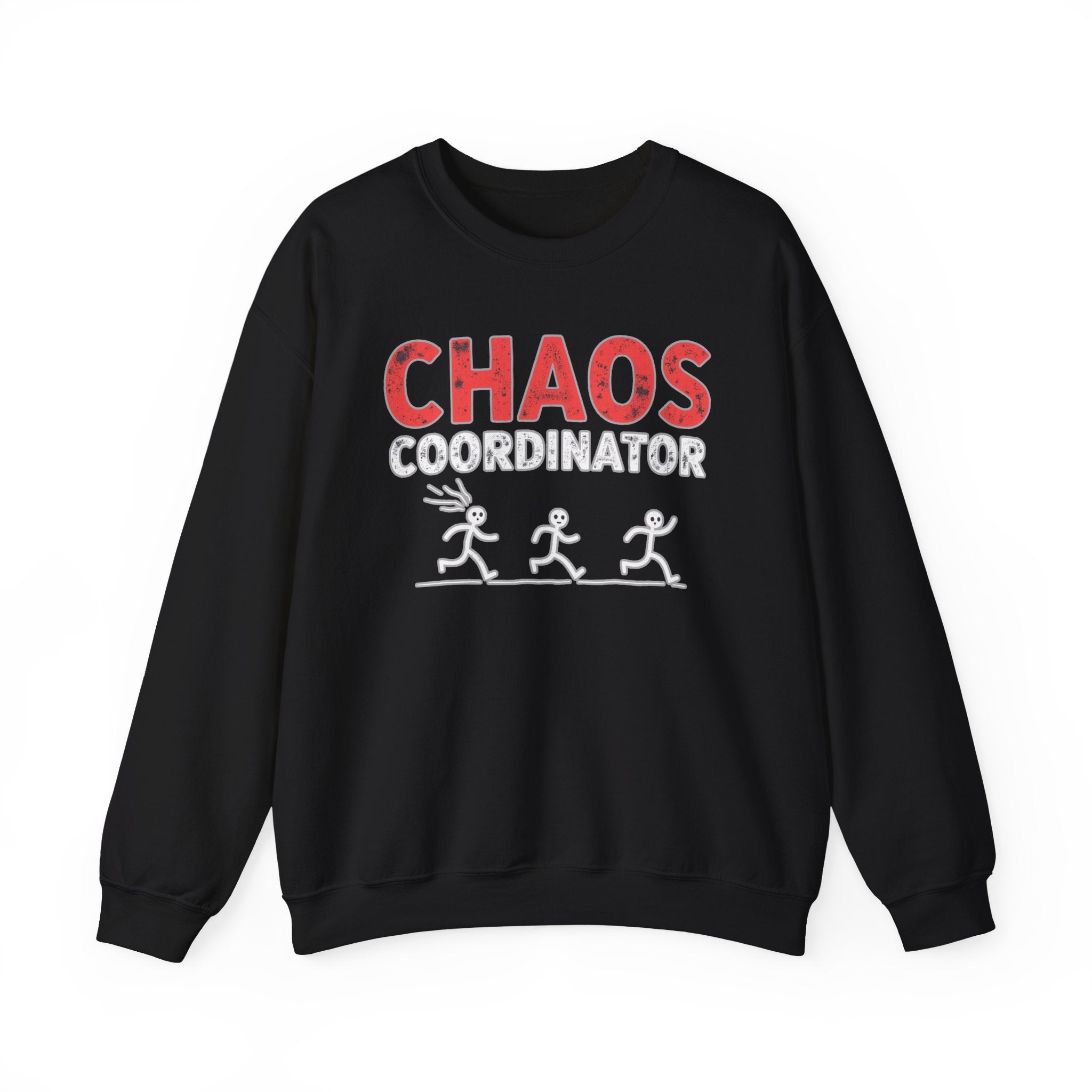 Black sweatshirt with 'CHAOS COORDINATOR' text and graphics on a white background