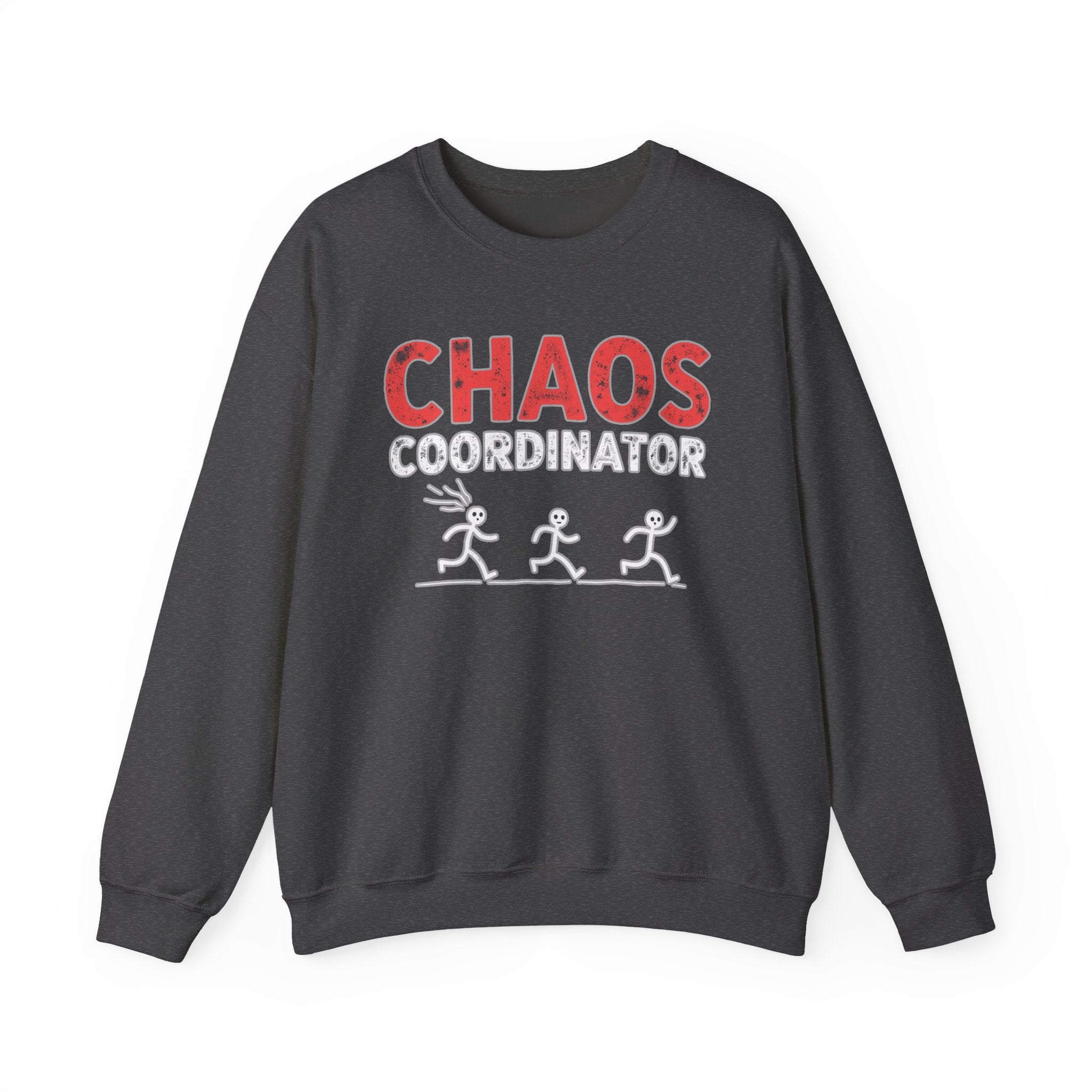 Dark gray sweatshirt with 'CHAOS COORDINATOR' text and graphics on a white background