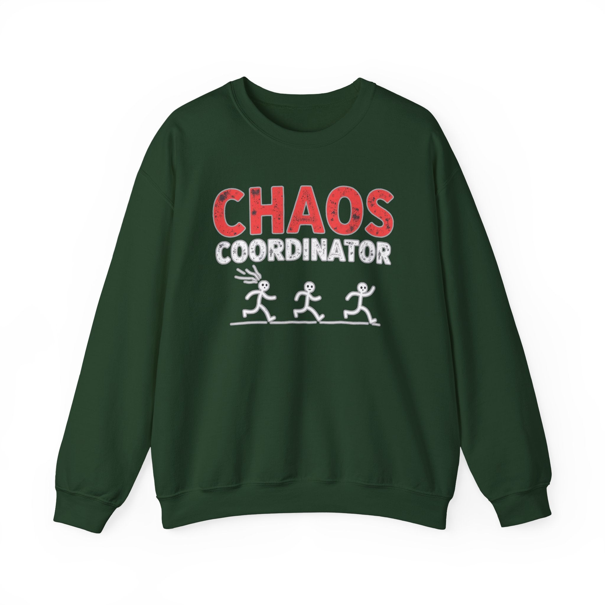 Forest green sweatshirt with 'CHAOS COORDINATOR' text and graphics on a white background