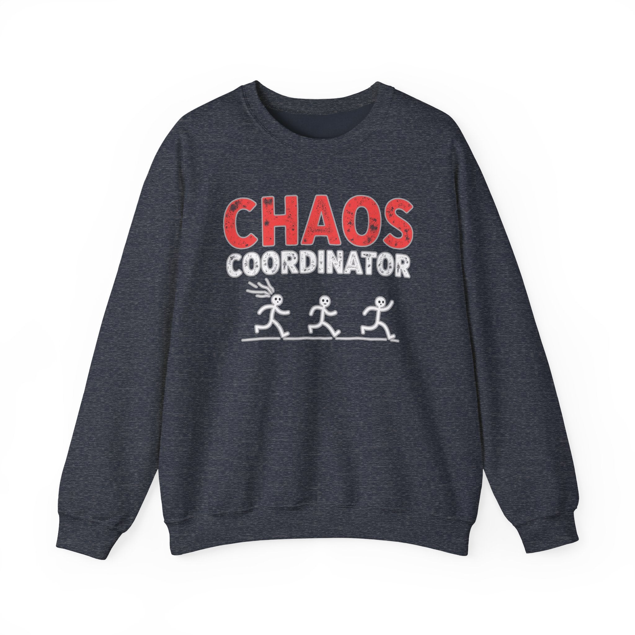 Heather sport dark navy gray sweatshirt with 'Chaos Coordinator' text and graphics on a white background