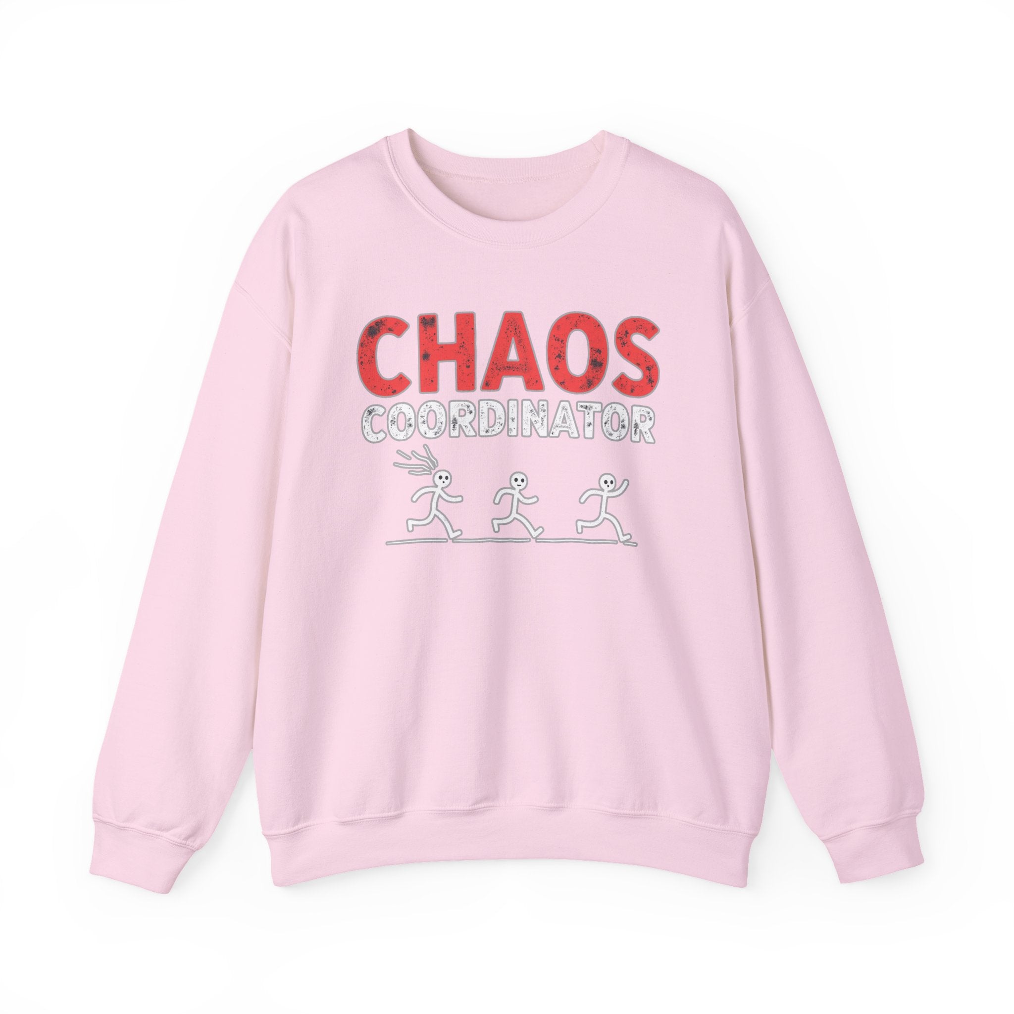 Pink sweatshirt with 'CHAOS COORDINATOR' text and graphic on a white background
