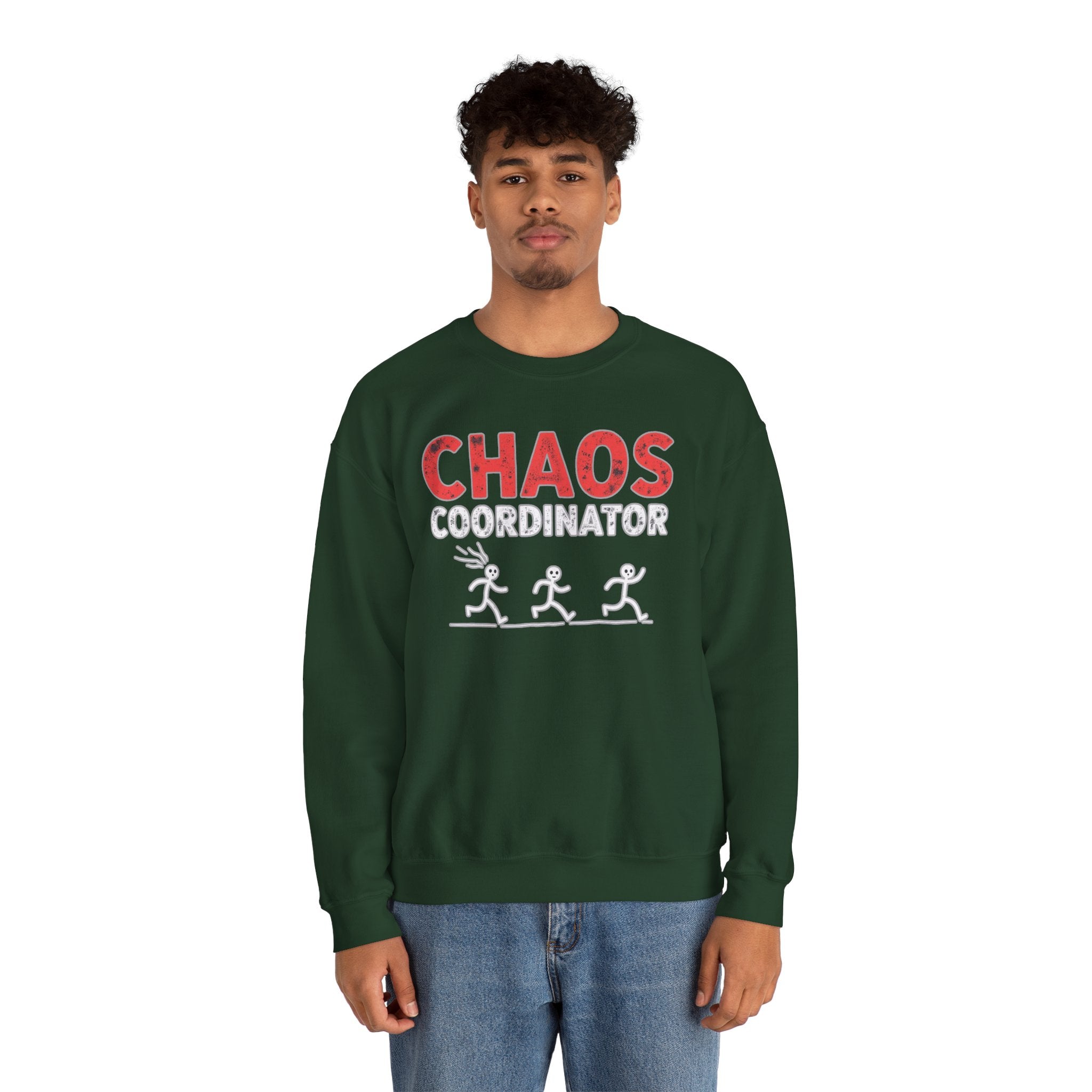 Person wearing a green sweatshirt with 'CHAOS COORDINATOR' text and graphics on a white background