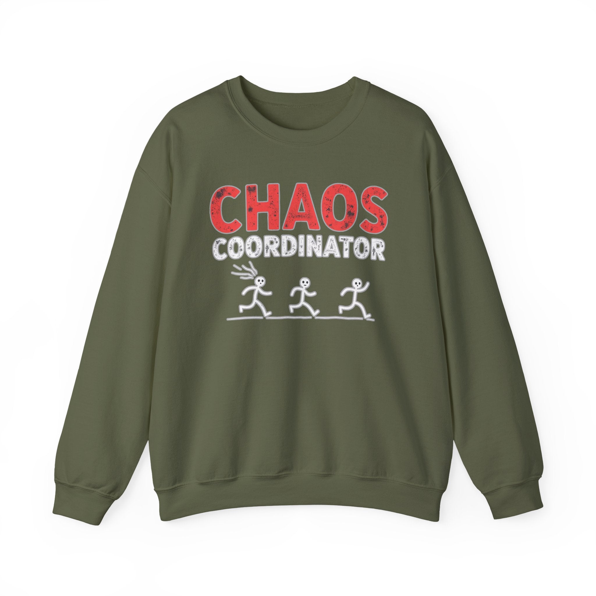 Military green sweatshirt with 'CHAOS COORDINATOR' text and graphic on a white background