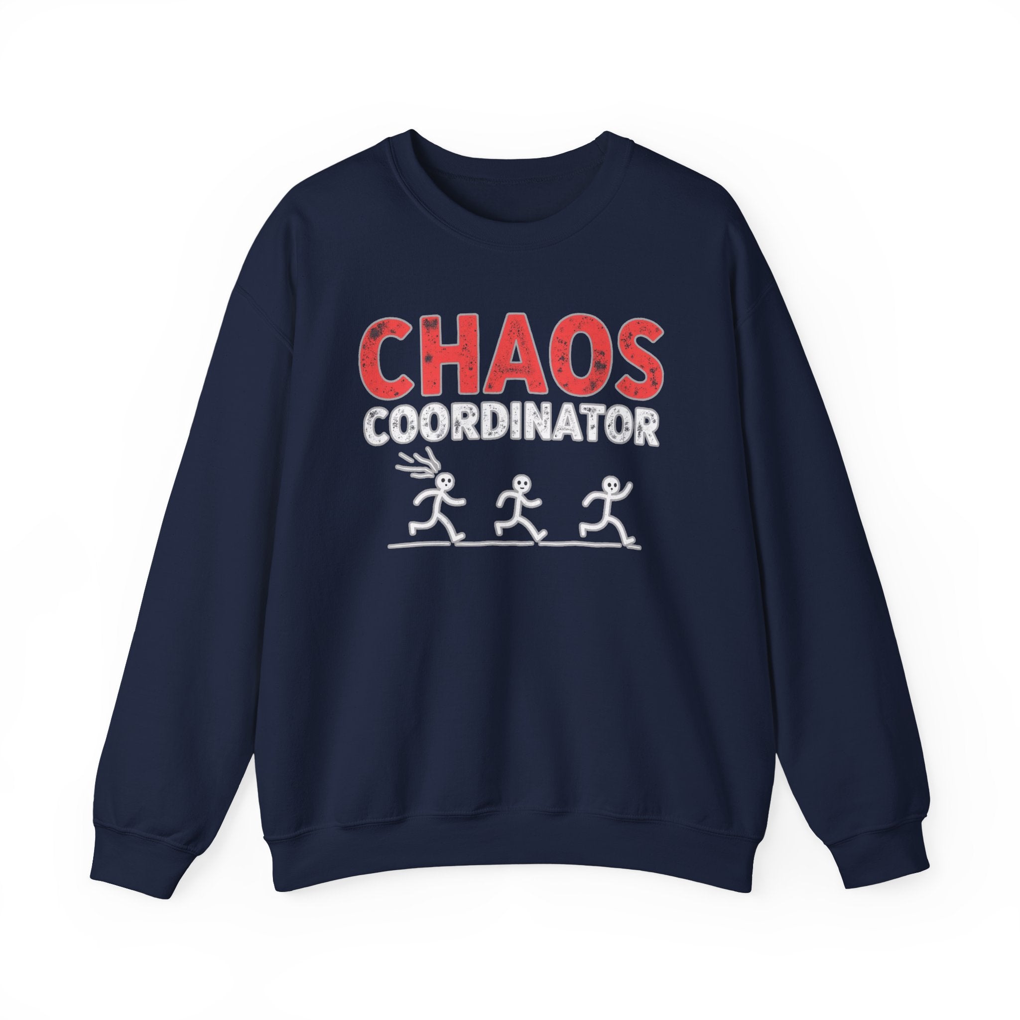 Navy blue sweatshirt with 'CHAOS COORDINATOR' text and graphics on a white background
