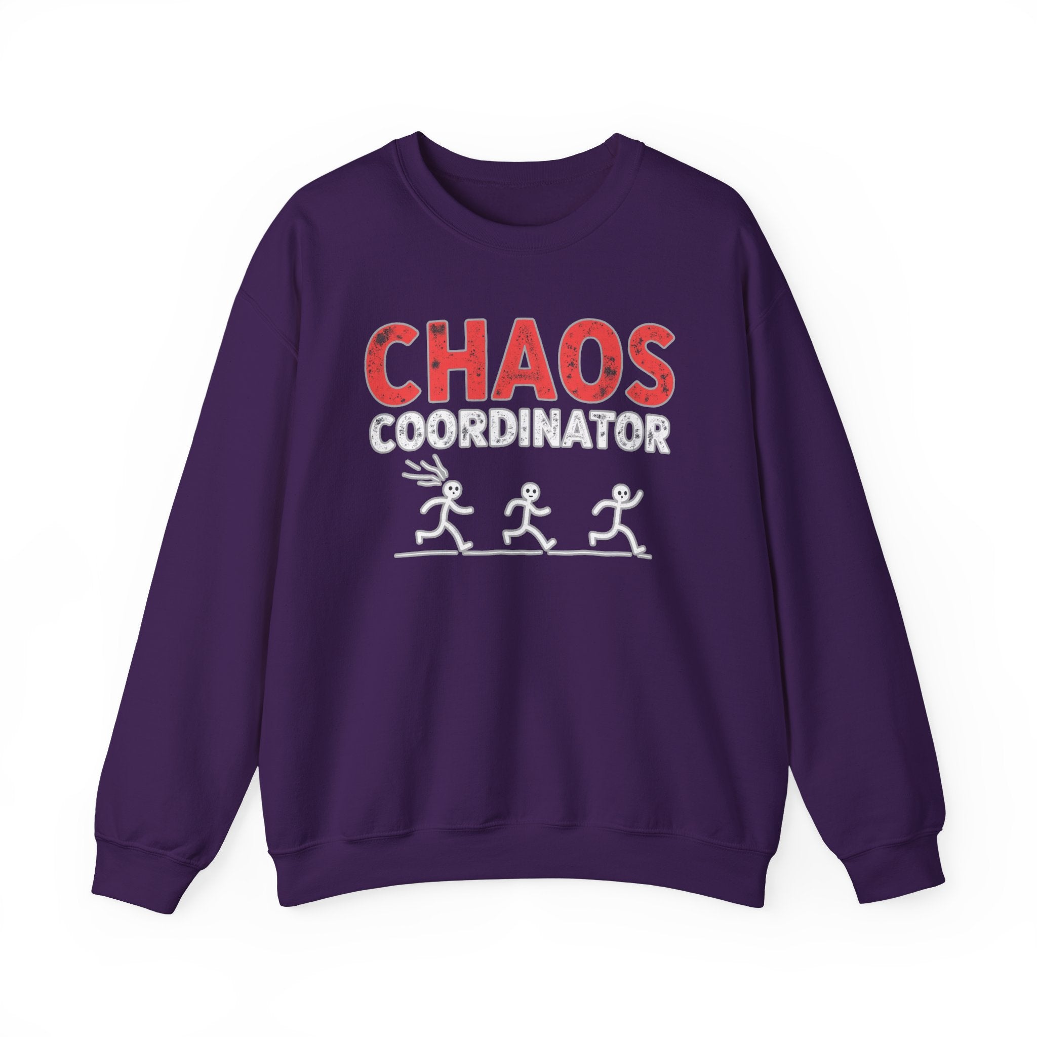 Purple sweatshirt with 'CHAOS COORDINATOR' text and graphics on a white background