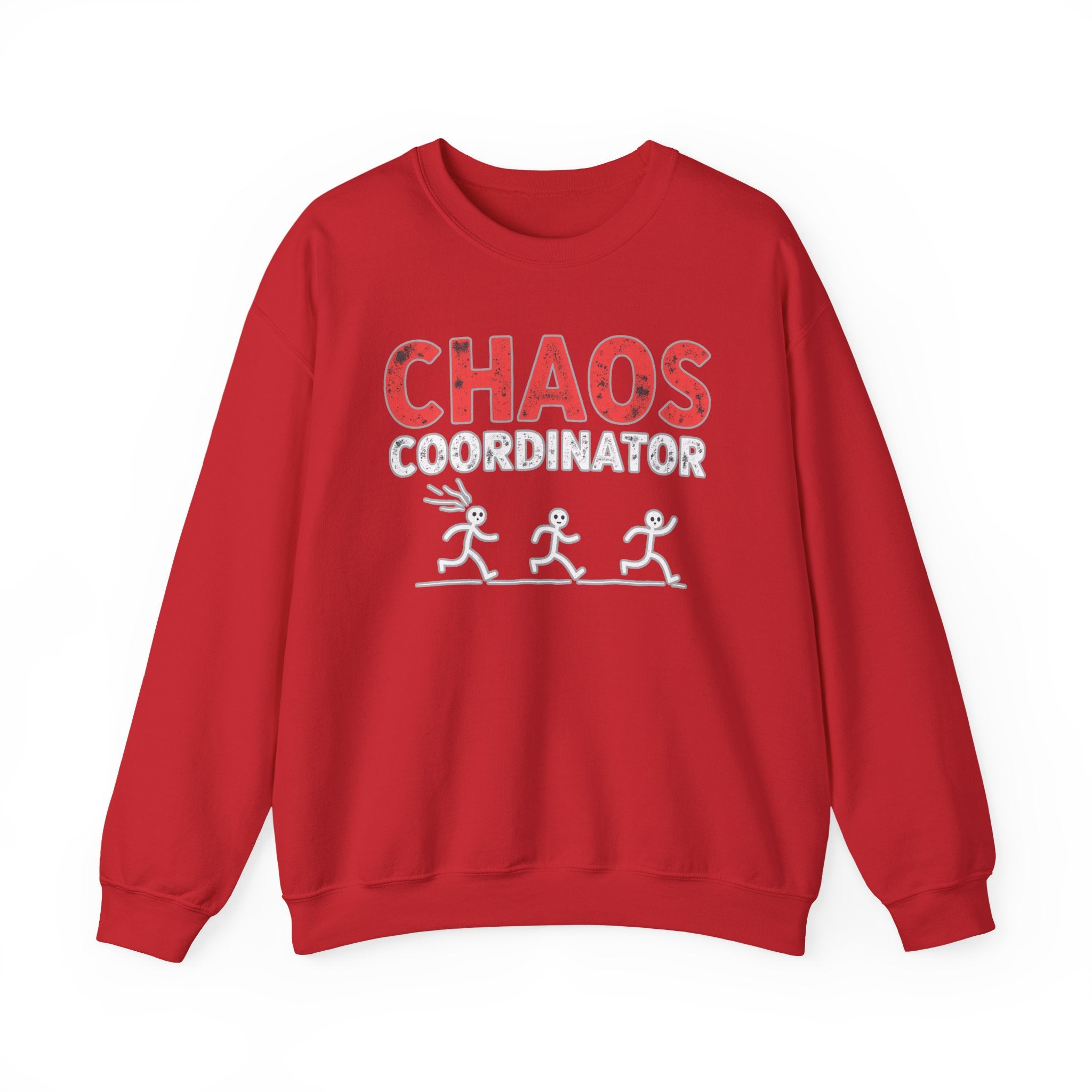 Red sweatshirt with 'CHAOS COORDINATOR' text and graphic on a white background