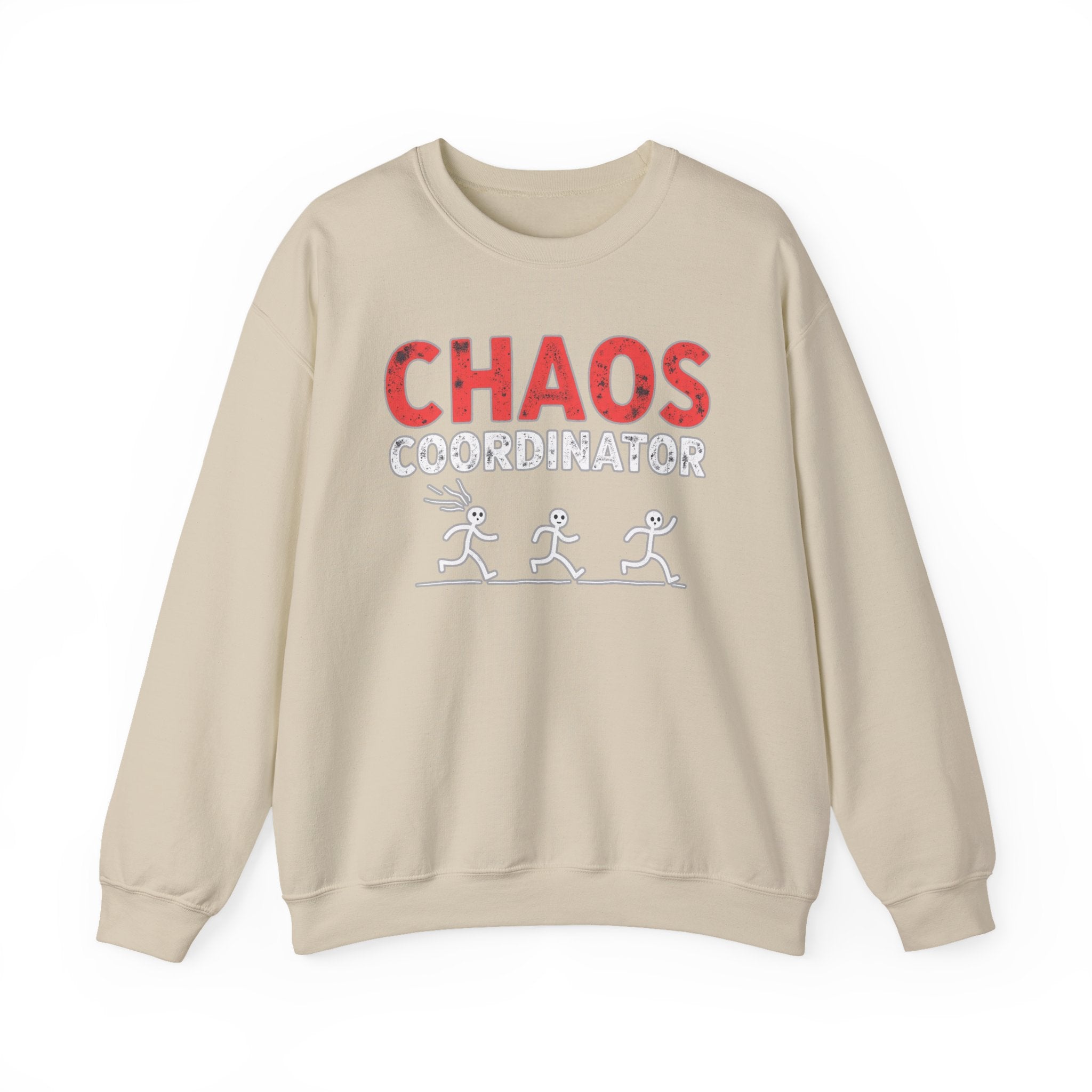 Beige sweatshirt with 'CHAOS COORDINATOR' text on a white background