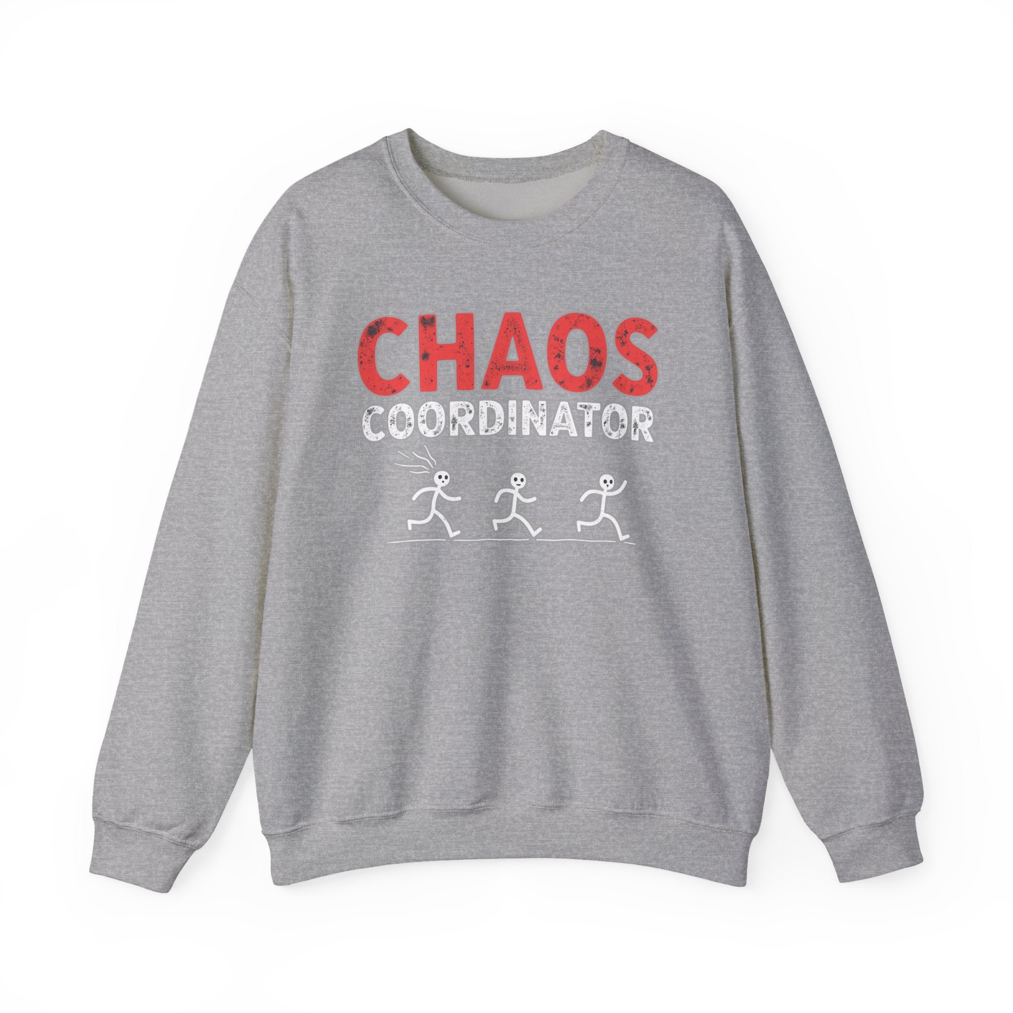 Gray sweatshirt with 'CHAOS COORDINATOR' text and stick figure graphics on a white background