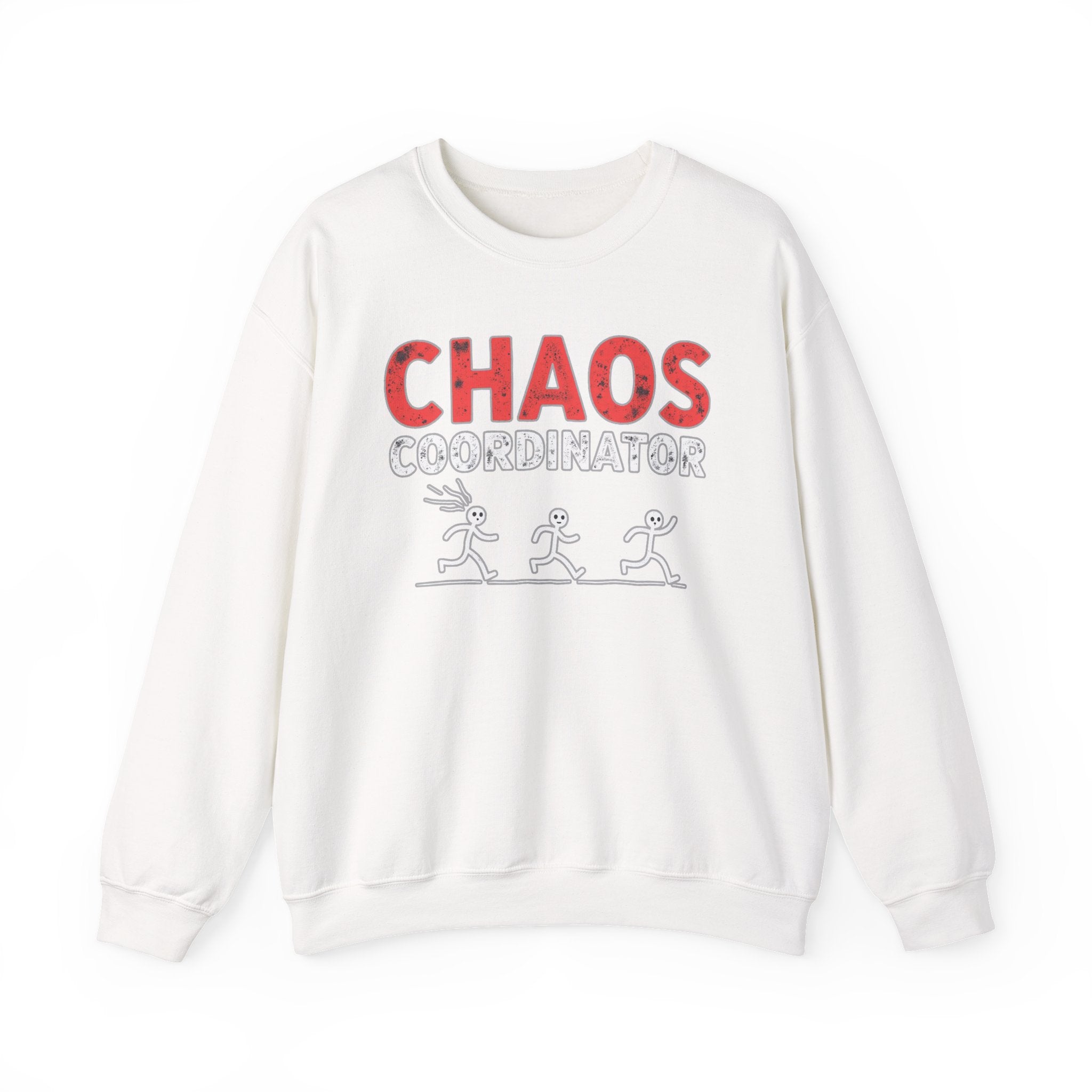 White sweatshirt with 'CHAOS COORDINATOR' text and graphic on a white background