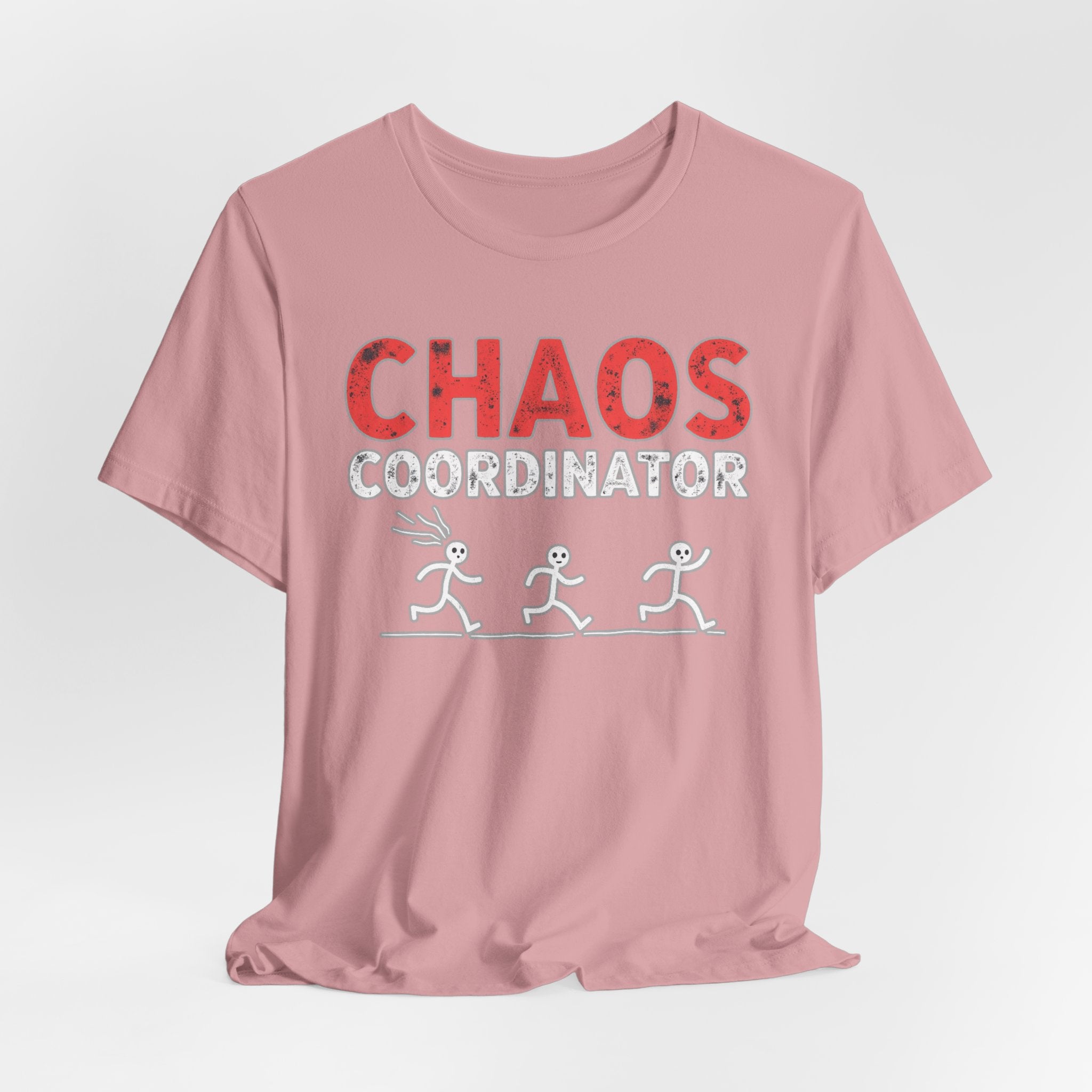 Orchid pink t-shirt with 'CHAOS COORDINATOR' text and graphic on a white background