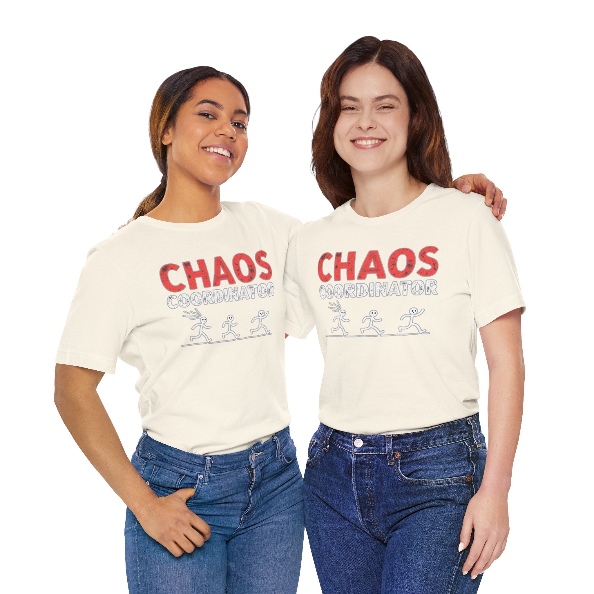 Two people wearing 'CHAOS' t-shirts with a white background