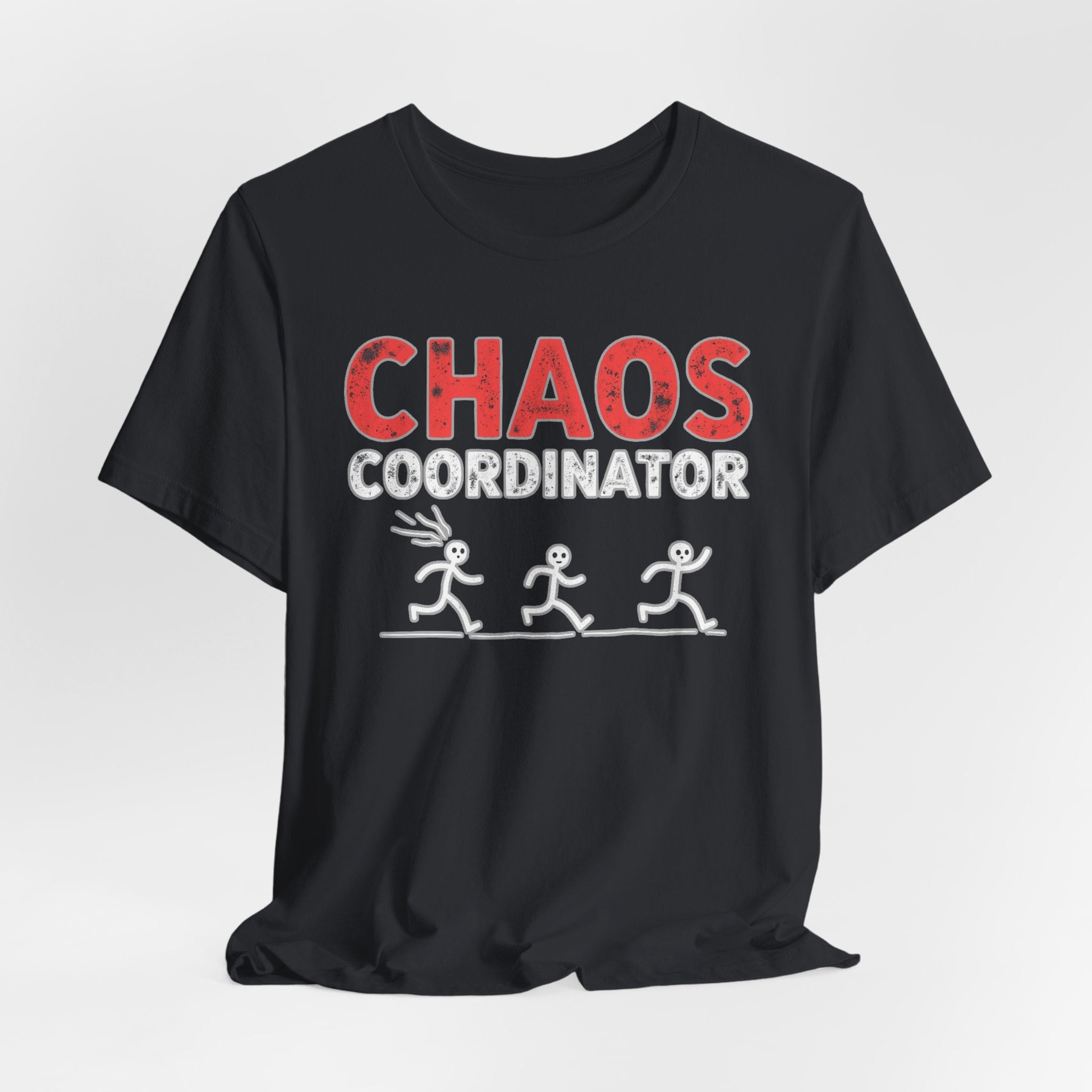 Vintage black t-shirt with 'CHAOS COORDINATOR' text and stick figure graphics on a white background
