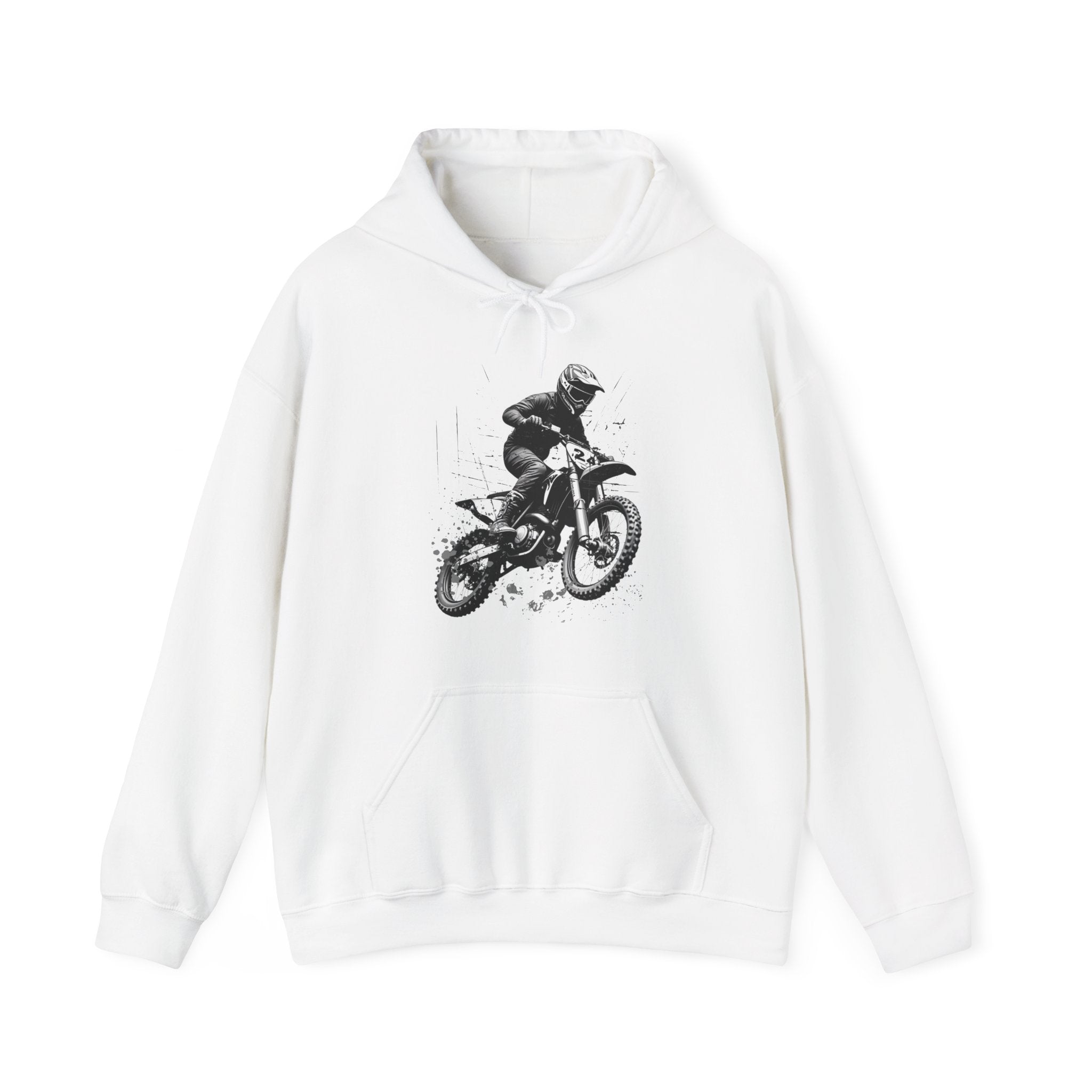 White hoodie with a graphic of a person on a motorcycle on a white background
