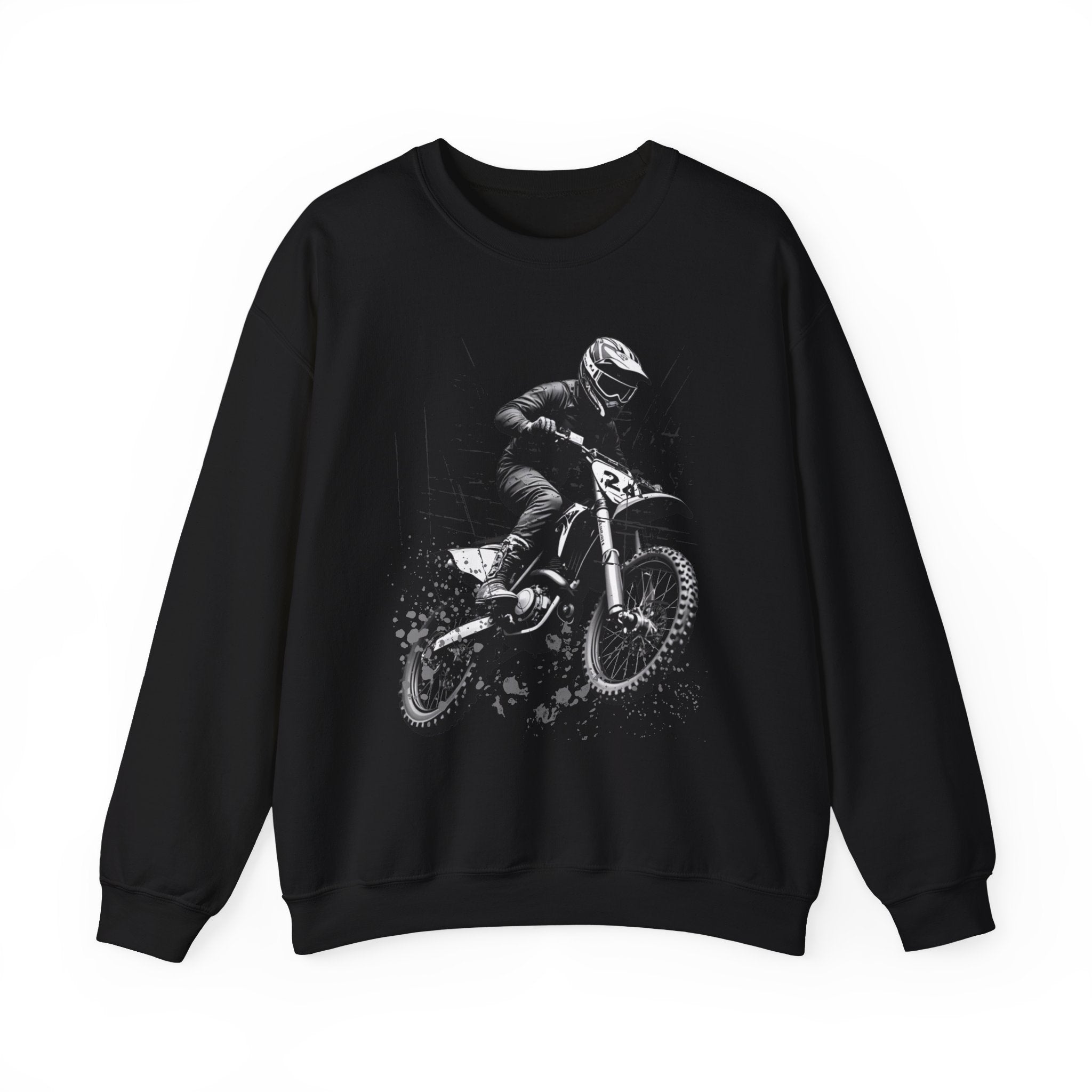 Black sweatshirt with a graphic of a motocross rider on a white background