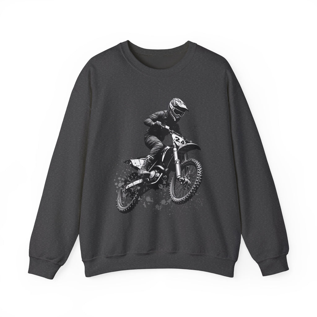 Dark heather sweatshirt with a graphic of a motocross rider on a white background