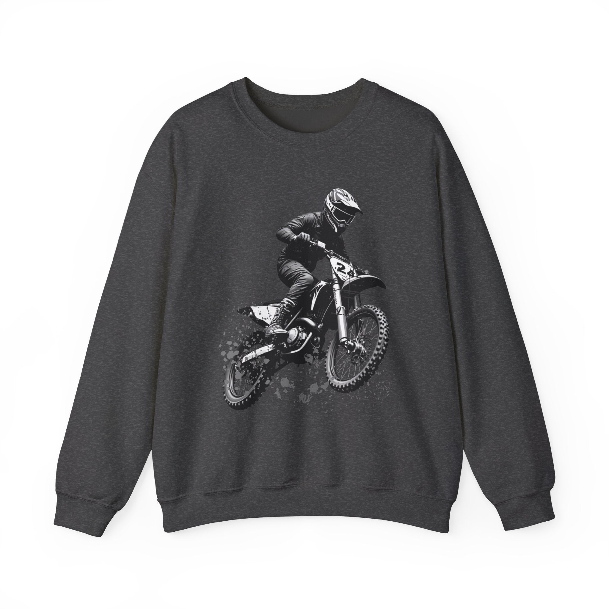 Dark heather sweatshirt with a graphic of a motocross rider on a white background