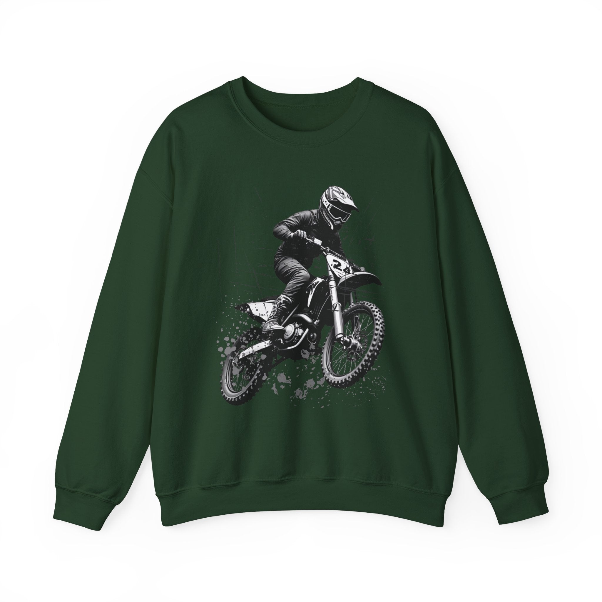 Forest green sweatshirt with a graphic of a motocross rider on a white background