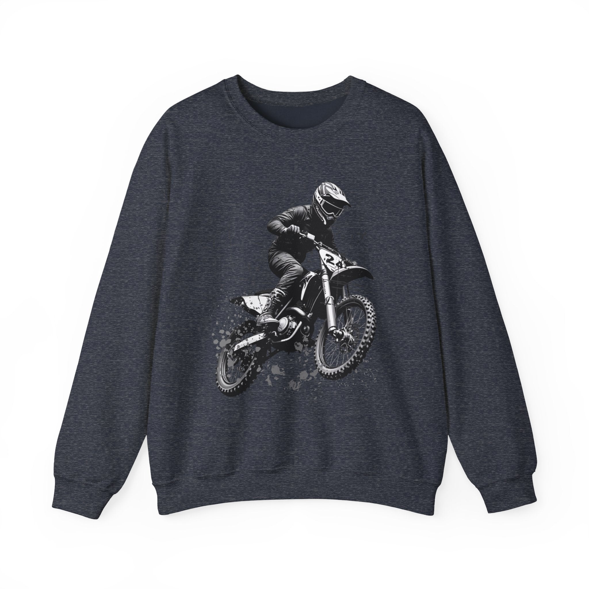 Heather sport dark navy gray sweatshirt with a graphic of a motocross rider on a white background