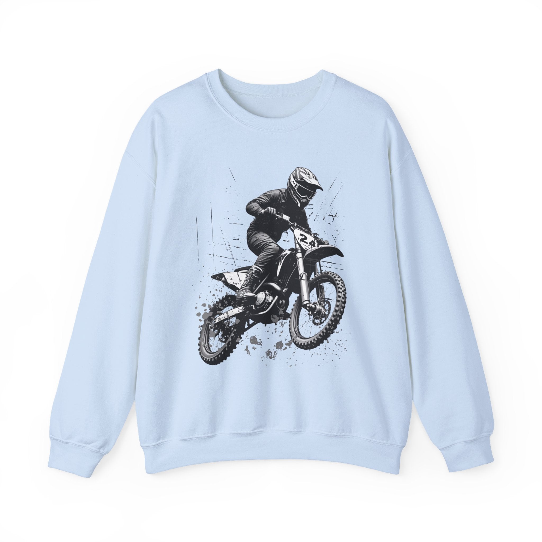 Light blue sweatshirt with a graphic of a person on a dirt bike on a white background