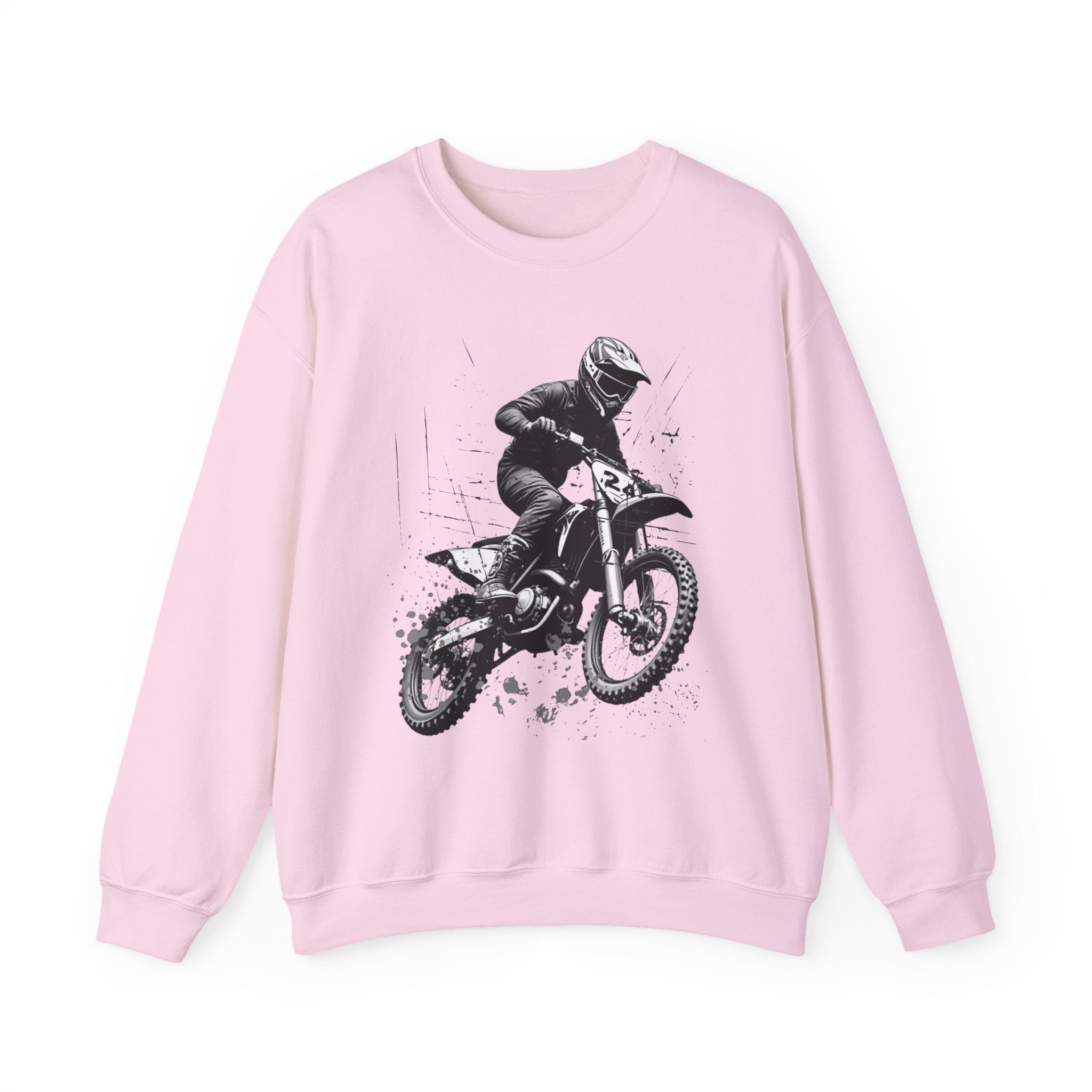 Light pink sweatshirt with a graphic of a person on a motorcycle on a white background