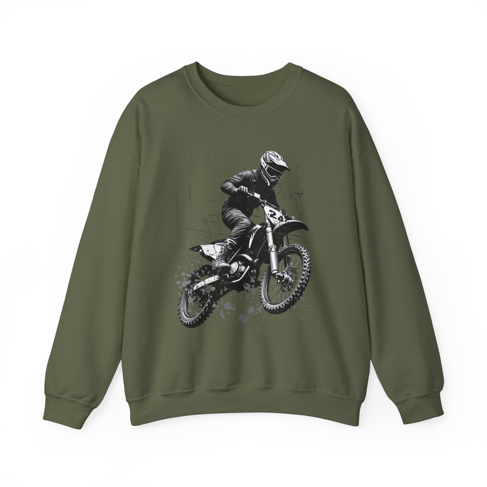 Military green sweatshirt with a graphic of a motocross rider on a bike