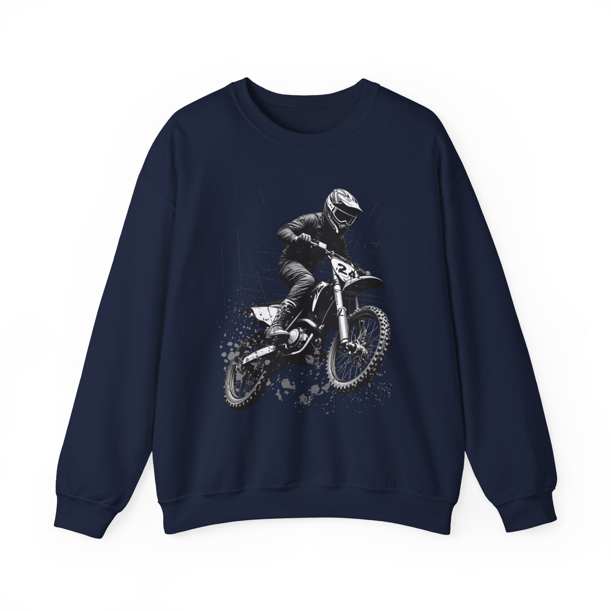 Navy blue sweatshirt with a graphic of a motocross rider on a white background