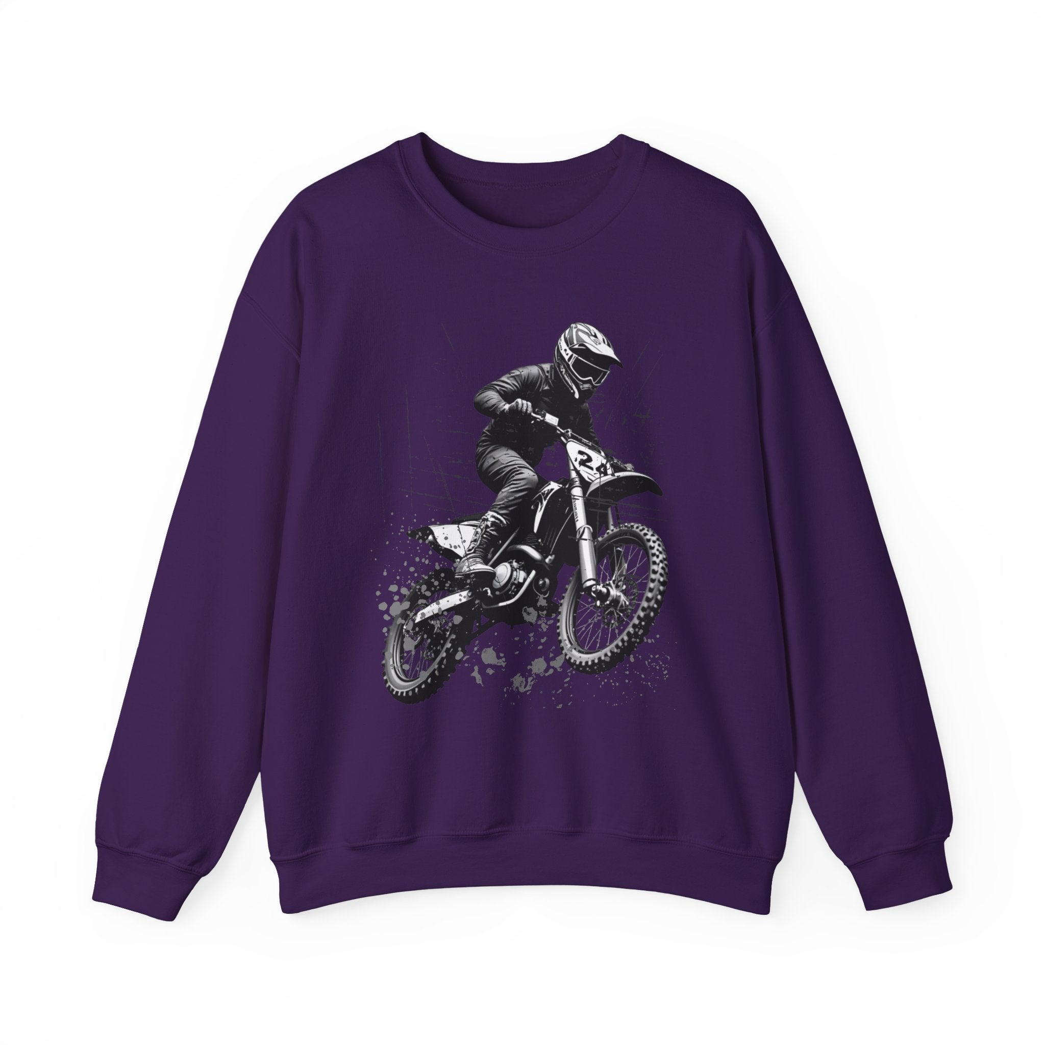 Purple sweatshirt with a graphic of a motocross rider on a white background