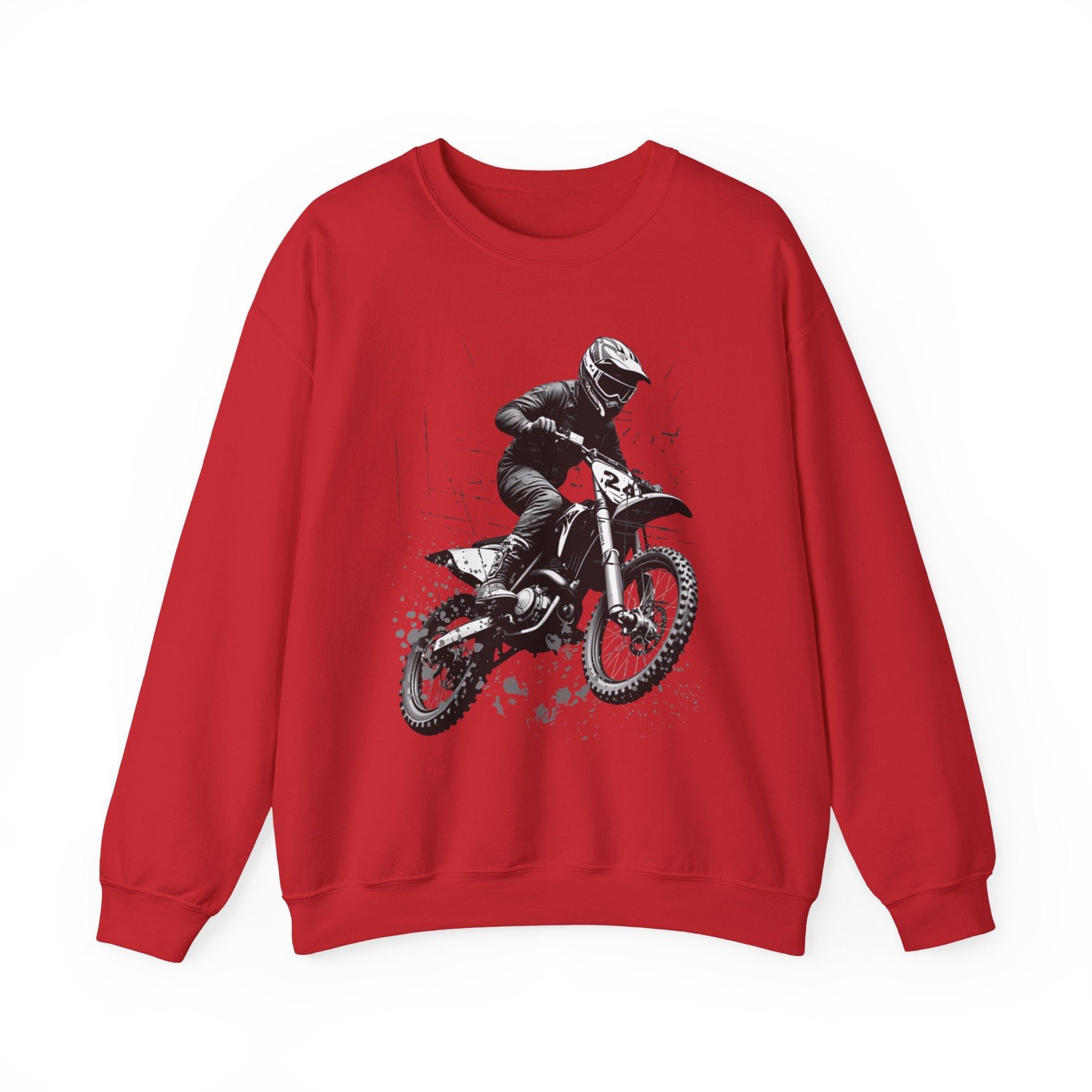 Red sweatshirt with a graphic of a person on a dirt bike on a white background