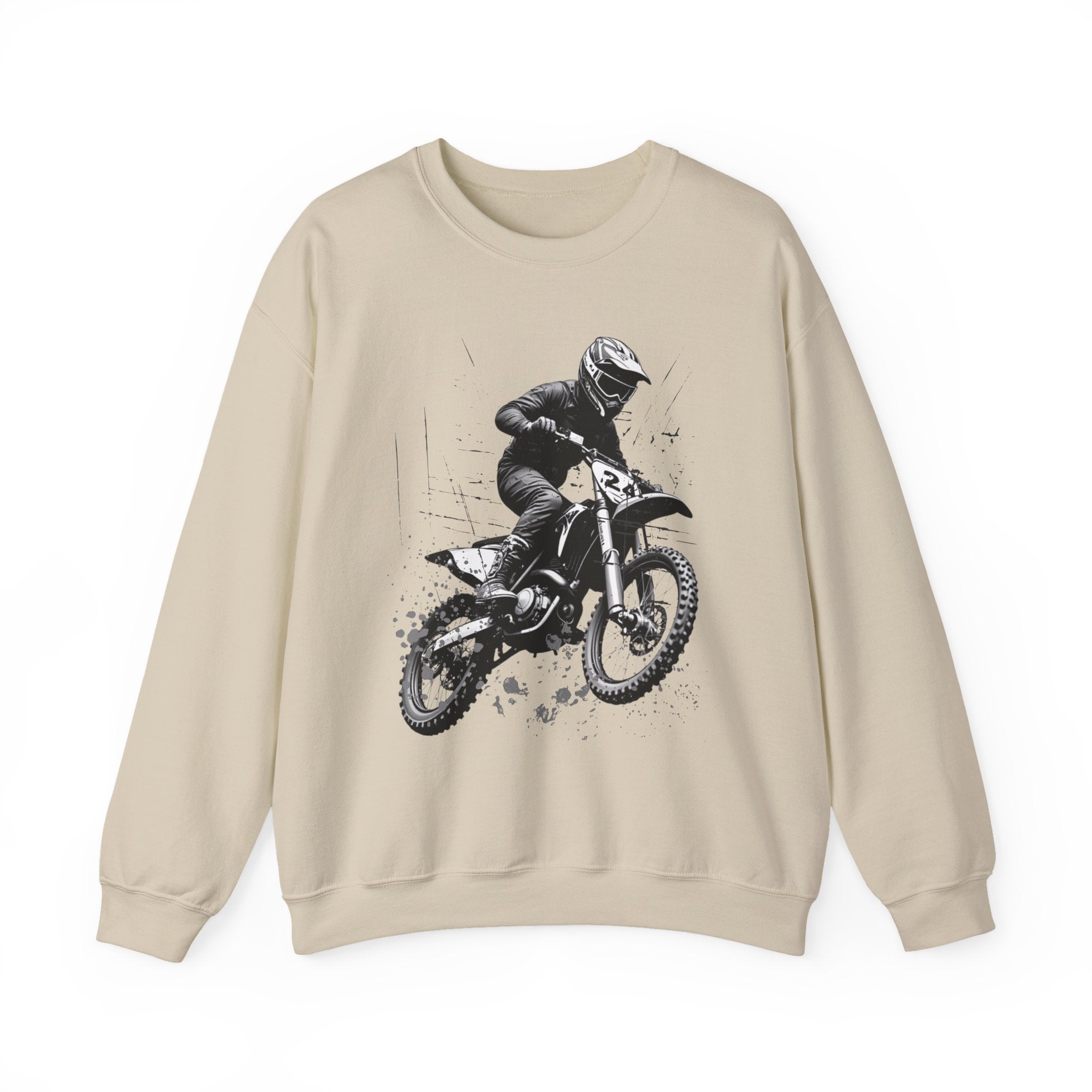 Beige sweatshirt with a graphic of a person on a dirt bike on a white background